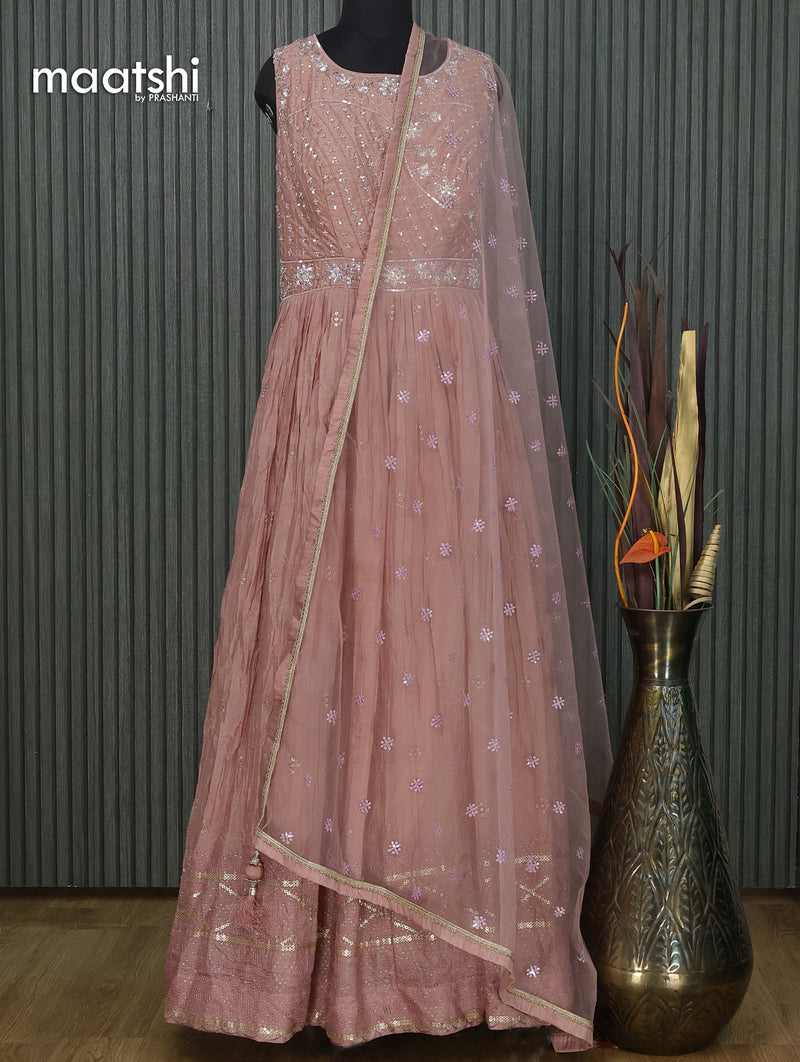 Silk georgette cancan anarkali kurti pastel peach with sequin work & mirror work neck pattern and netted dupatta and without pant
