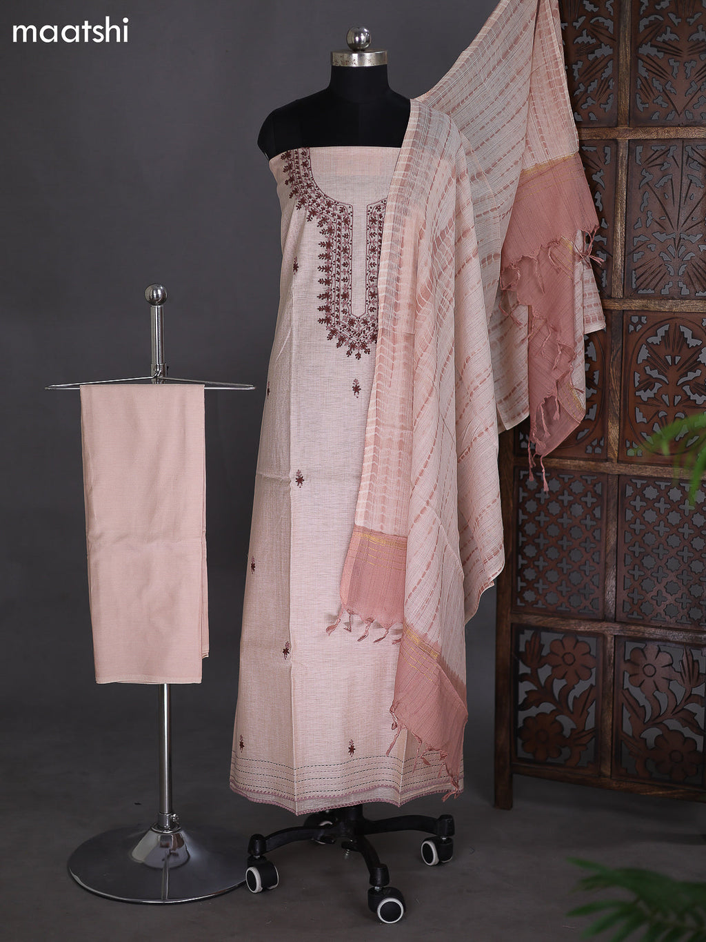 Mild Peach Chanderi Dress Material With Embroidery Work Neck Pattern
