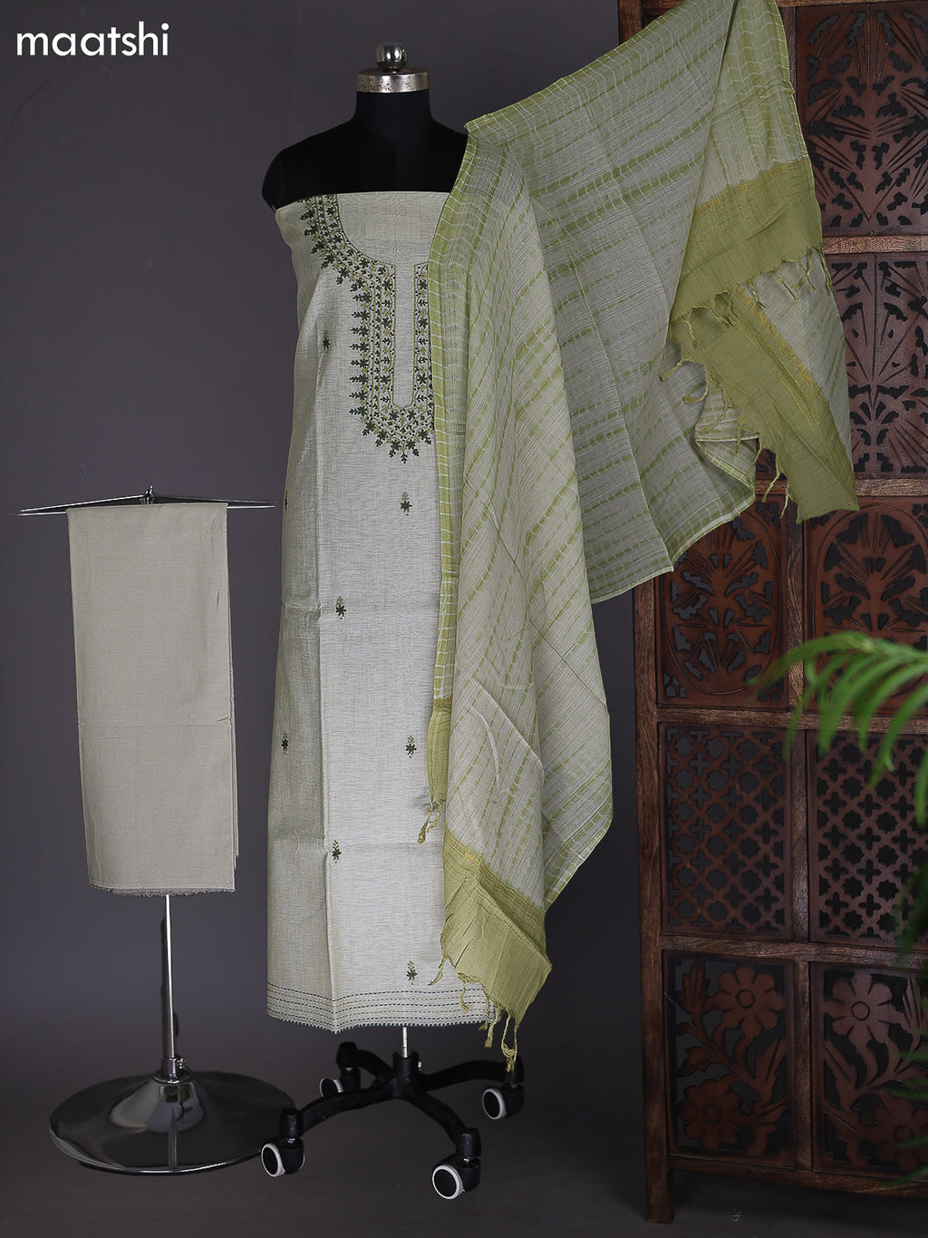 Mild Pista Green Chanderi Dress Material With Embroidery Work Neck Pattern