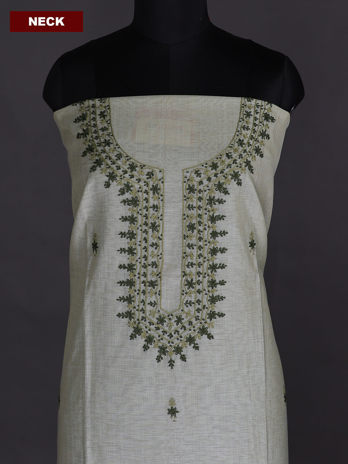 Mild Pista Green Chanderi Dress Material With Embroidery Work Neck Pattern
