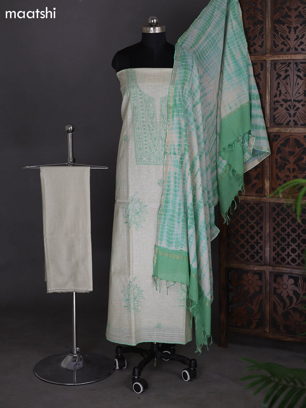 Mild Pista Green Chanderi Dress Material With Embroidery Work Neck Pattern