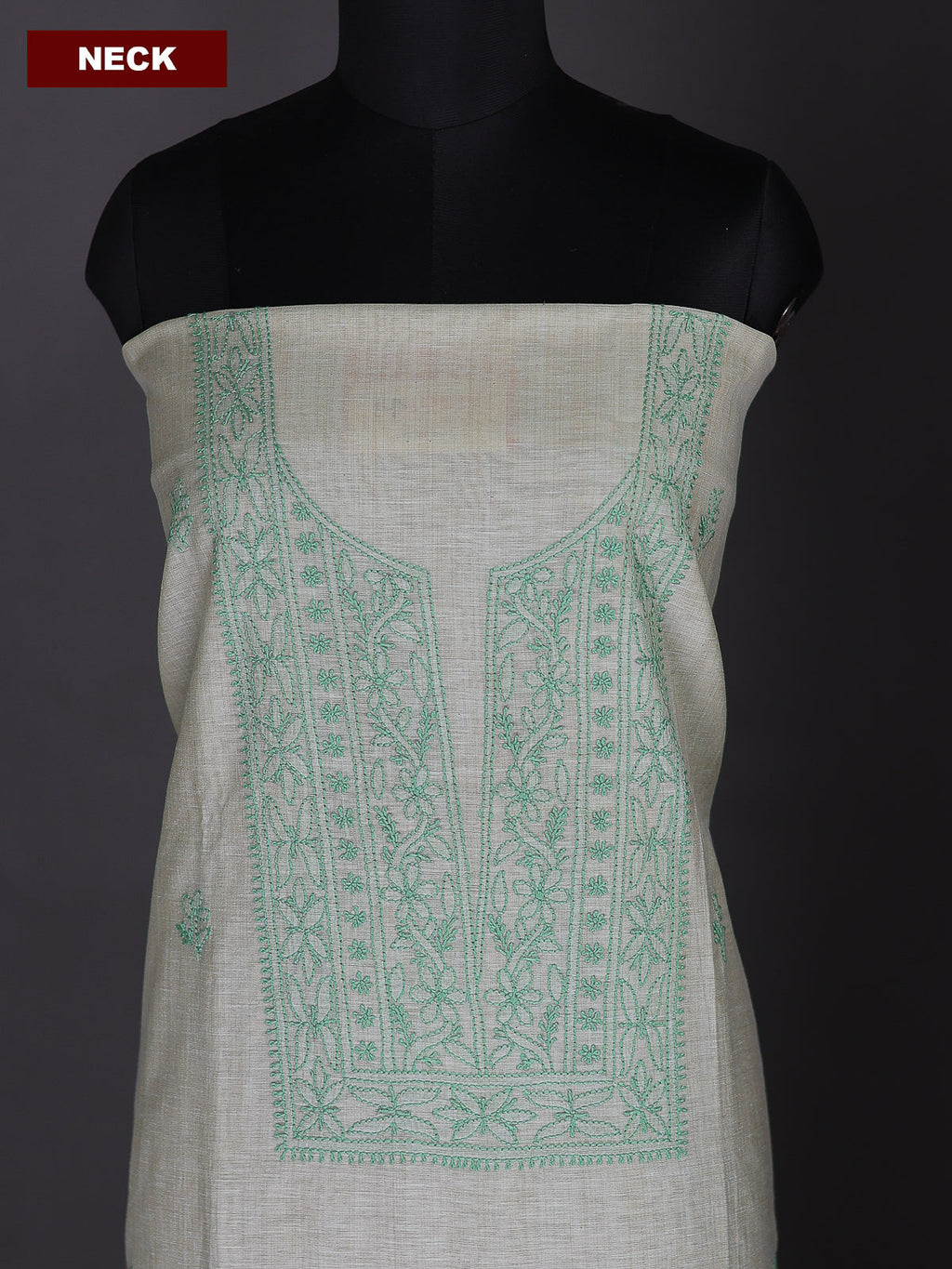 Mild Pista Green Chanderi Dress Material With Embroidery Work Neck Pattern
