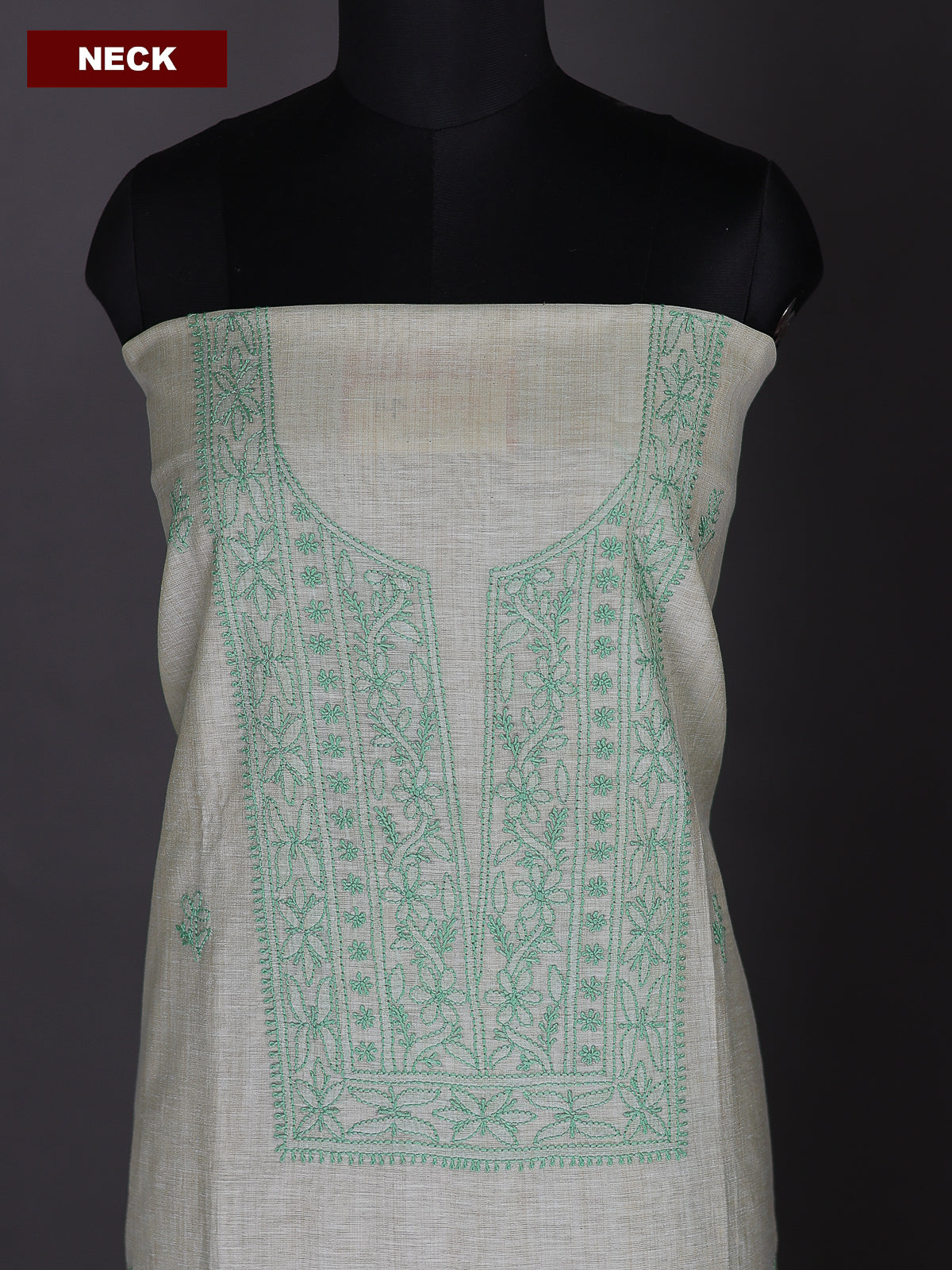 Mild Pista Green Chanderi Dress Material With Embroidery Work Neck Pattern