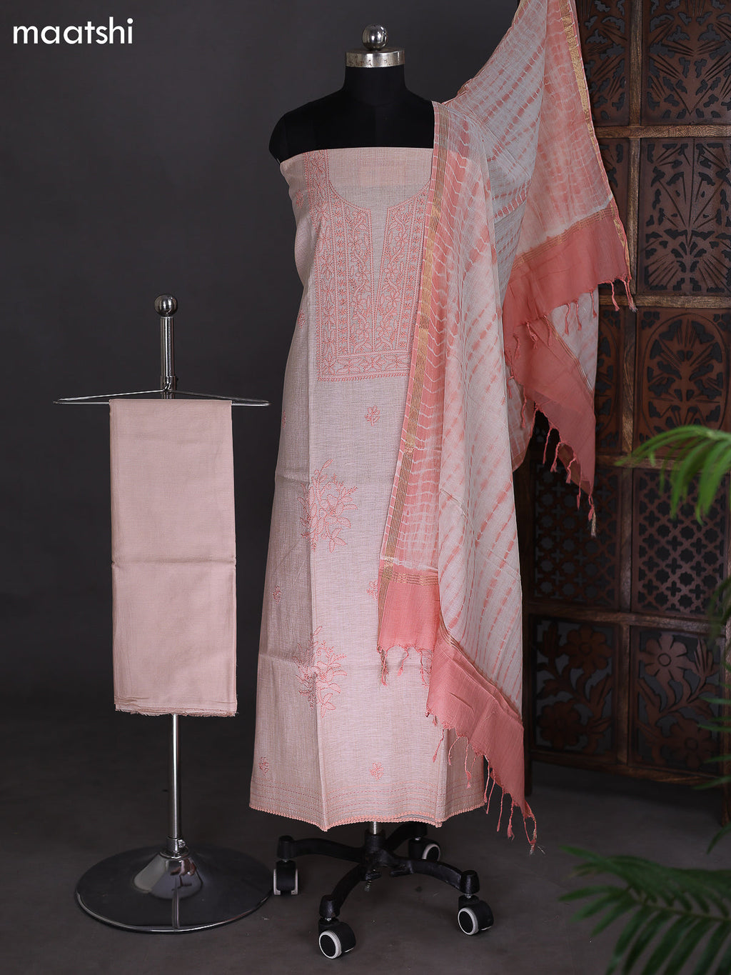 Mild Peach Chanderi Dress Material With Embroidery Work Neck Pattern