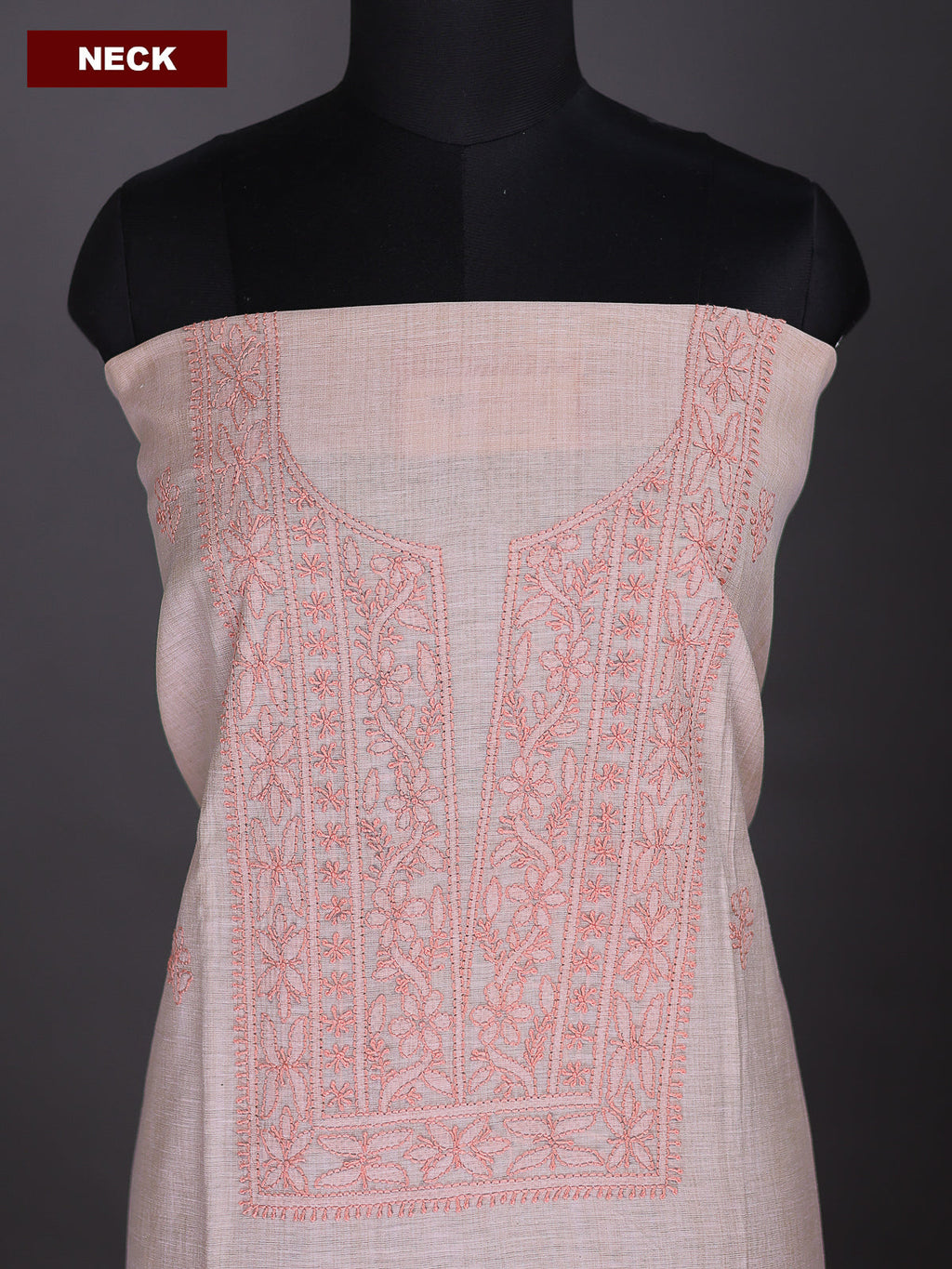 Mild Peach Chanderi Dress Material With Embroidery Work Neck Pattern