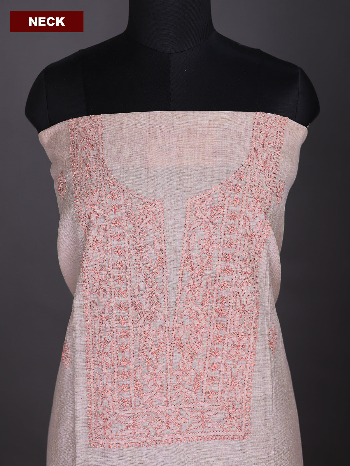 Mild Peach Chanderi Dress Material With Embroidery Work Neck Pattern