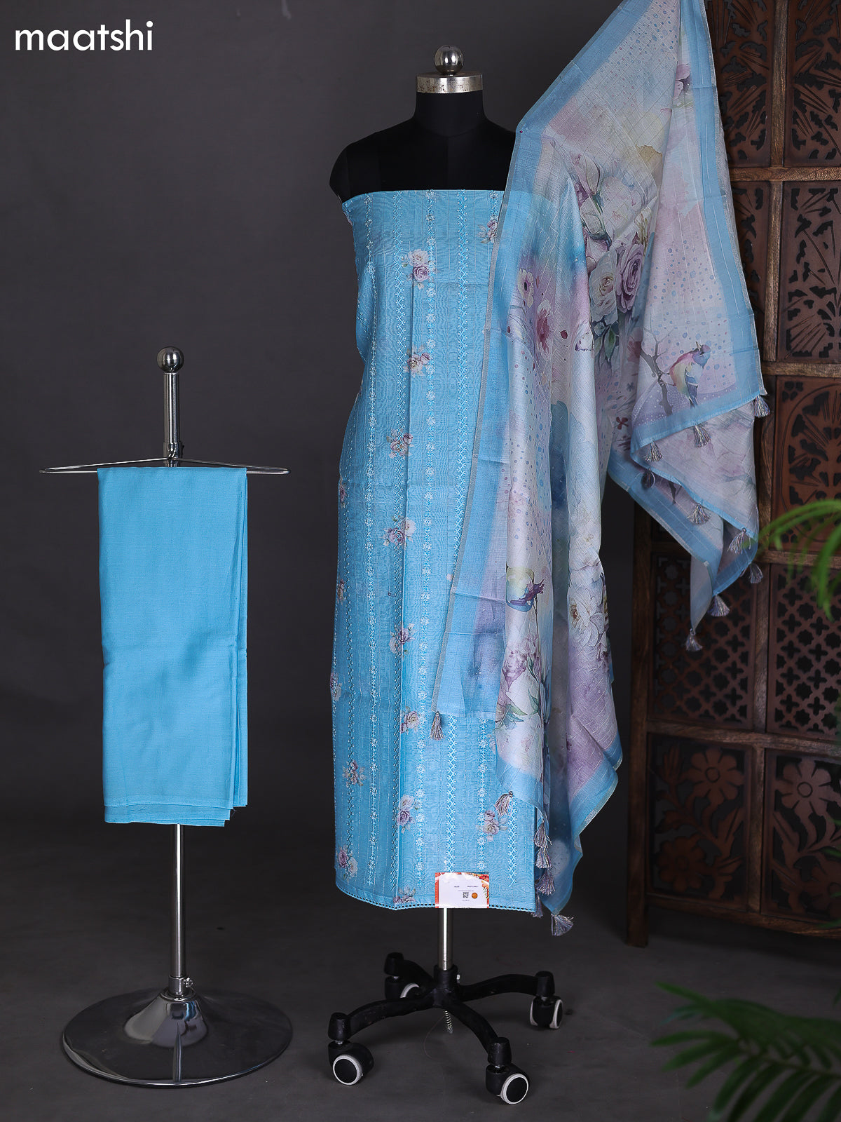 Light Blue and Off White Chanderi Dress Material With Floral Printed Buttas & Embroidery Work Neck Pattern