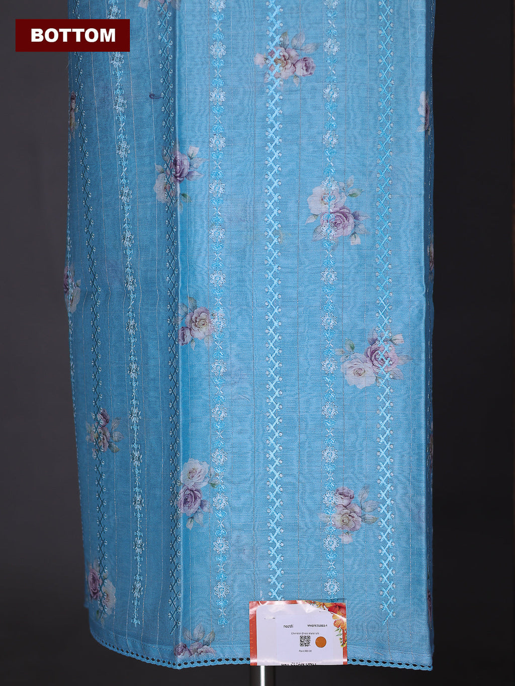 Light Blue and Off White Chanderi Dress Material With Floral Printed Buttas & Embroidery Work Neck Pattern