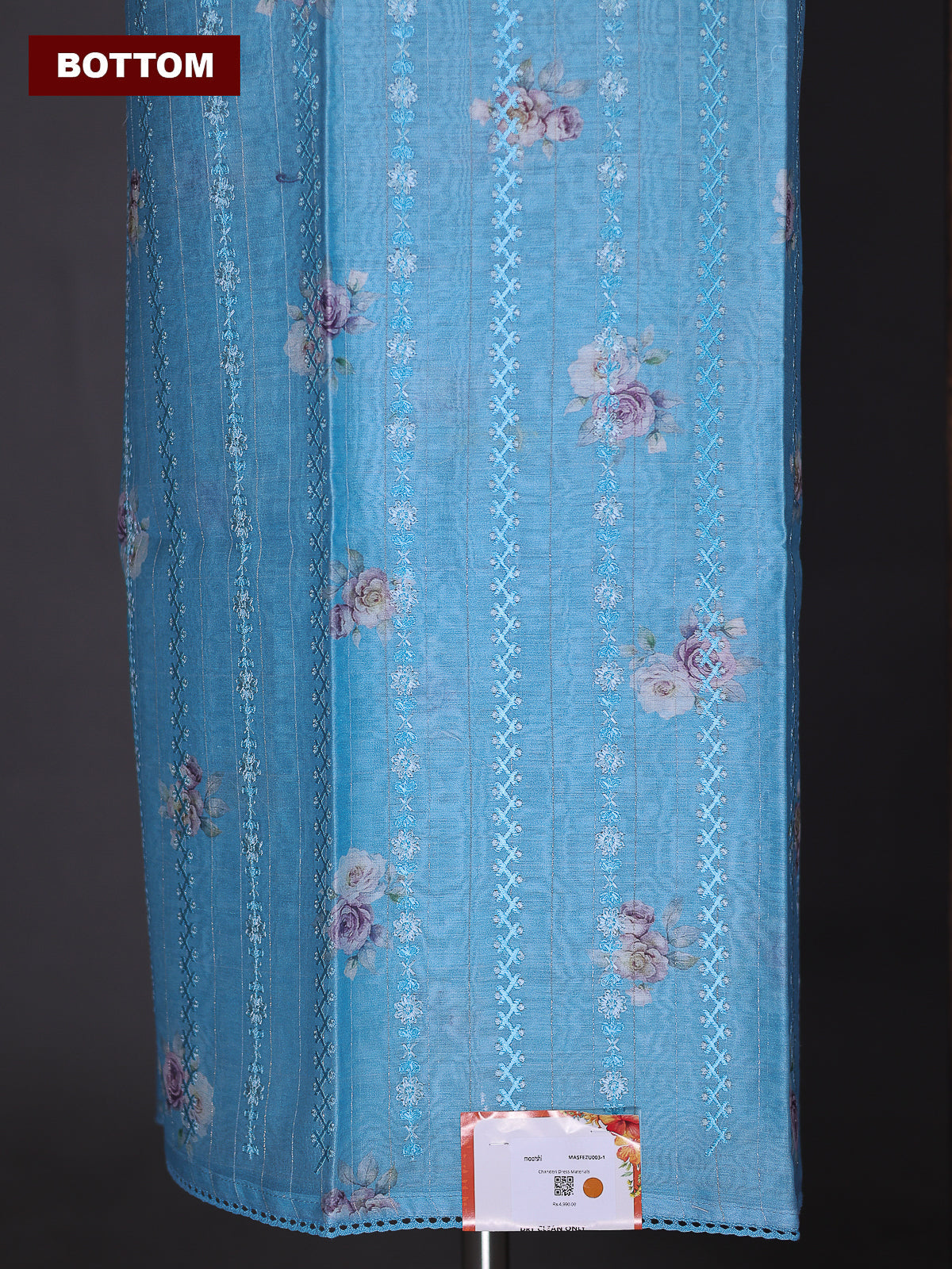Light Blue and Off White Chanderi Dress Material With Floral Printed Buttas & Embroidery Work Neck Pattern