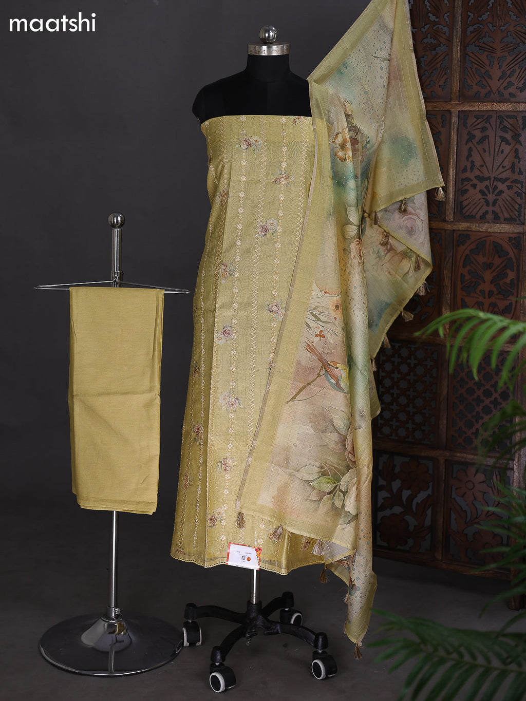 Yellow Chanderi Dress Material With Floral Printed Buttas & Embroidery Work Neck Pattern