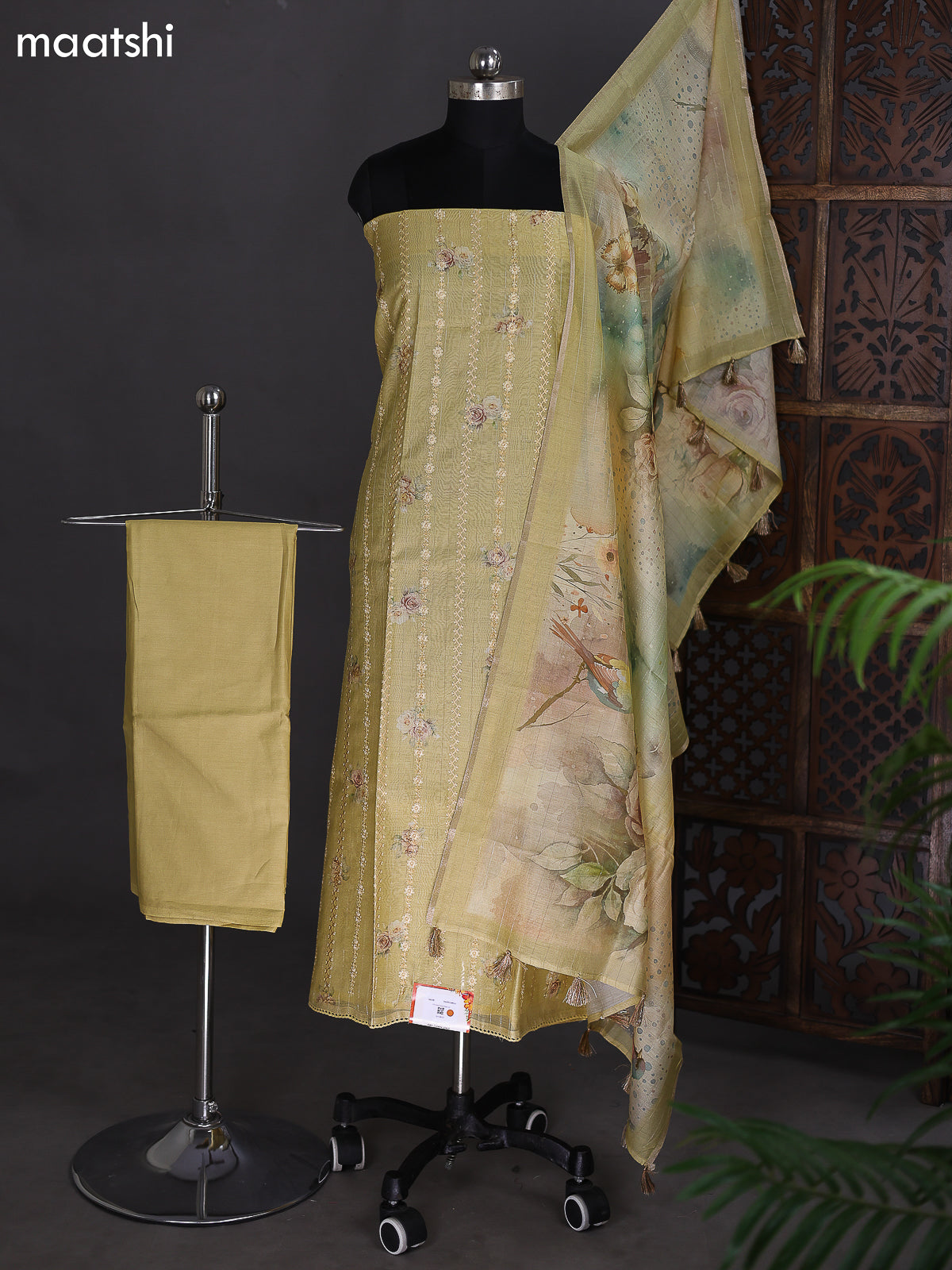 Yellow Chanderi Dress Material With Floral Printed Buttas & Embroidery Work Neck Pattern