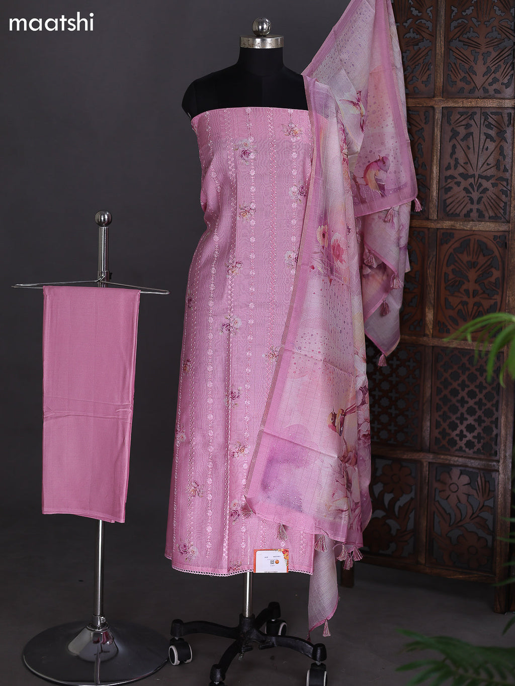 Light Pink Chanderi Dress Material With Floral Printed Buttas & Embroidery Work Neck Pattern