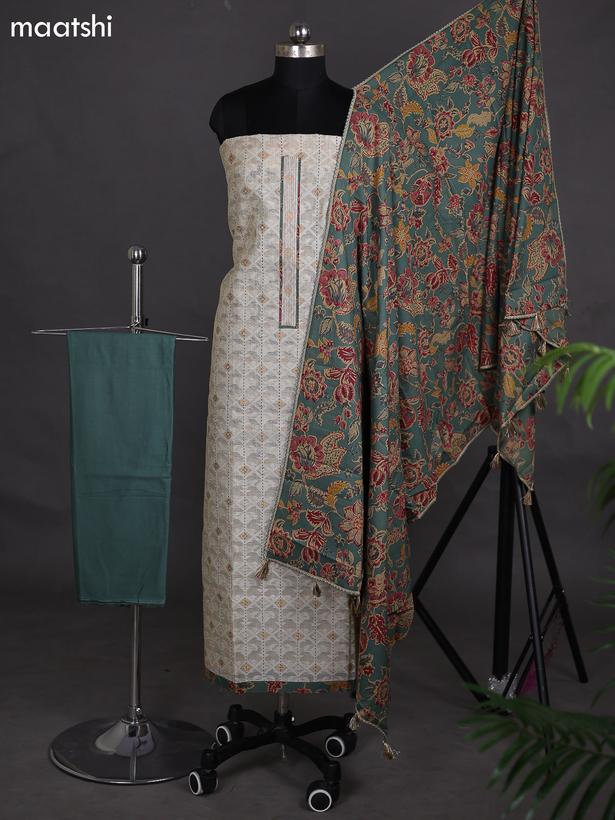 Beige and Pastel Green Chanderi Dress Material With Thread Weaves & Kantha Stich Work Pattern