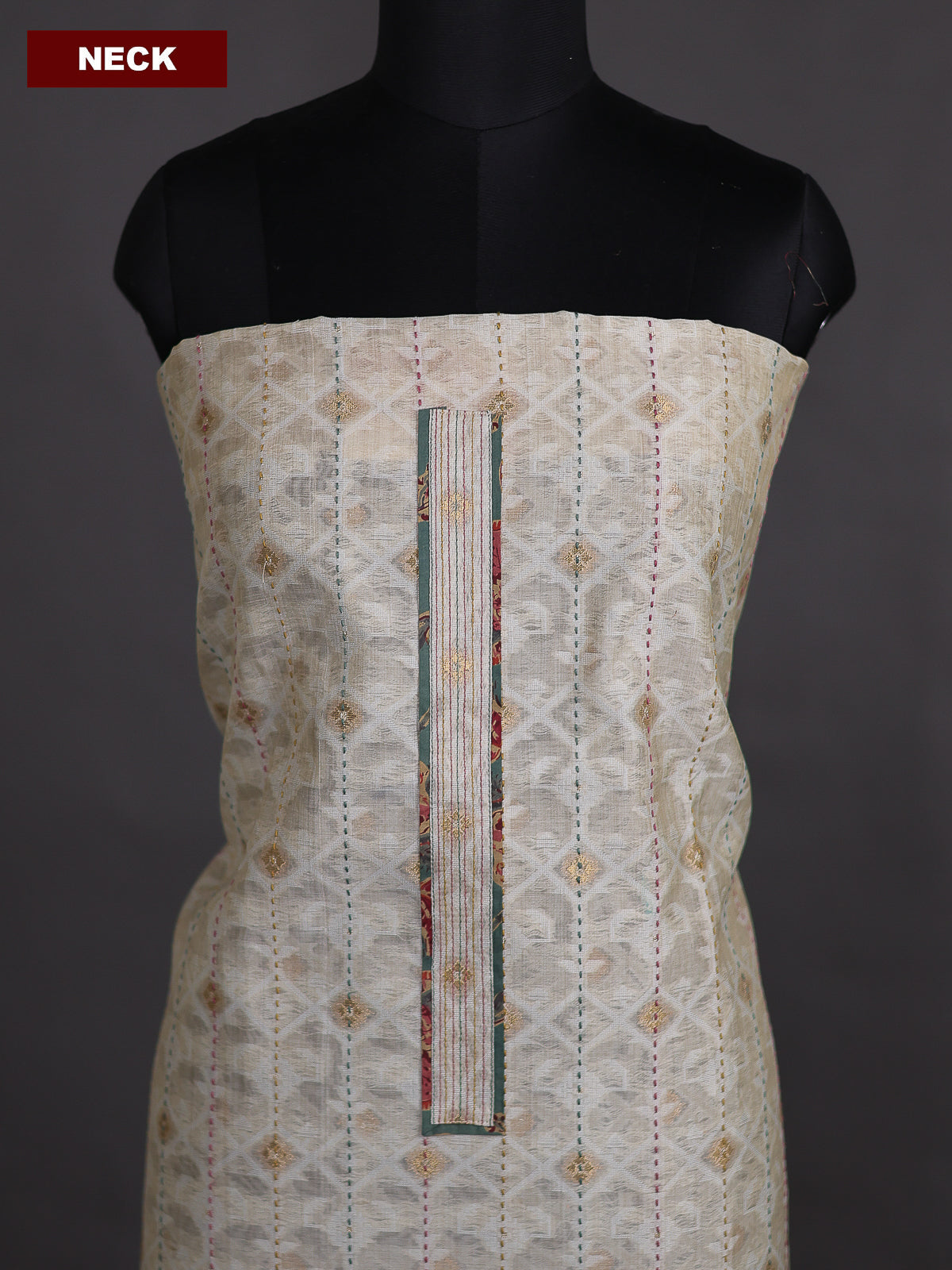 Beige and Pastel Green Chanderi Dress Material With Thread Weaves & Kantha Stich Work Pattern
