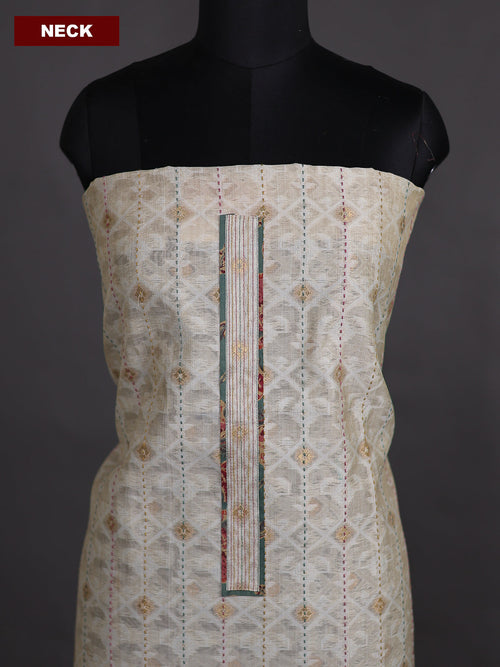 Beige and Pastel Green Chanderi Dress Material With Thread Weaves & Kantha Stich Work Pattern