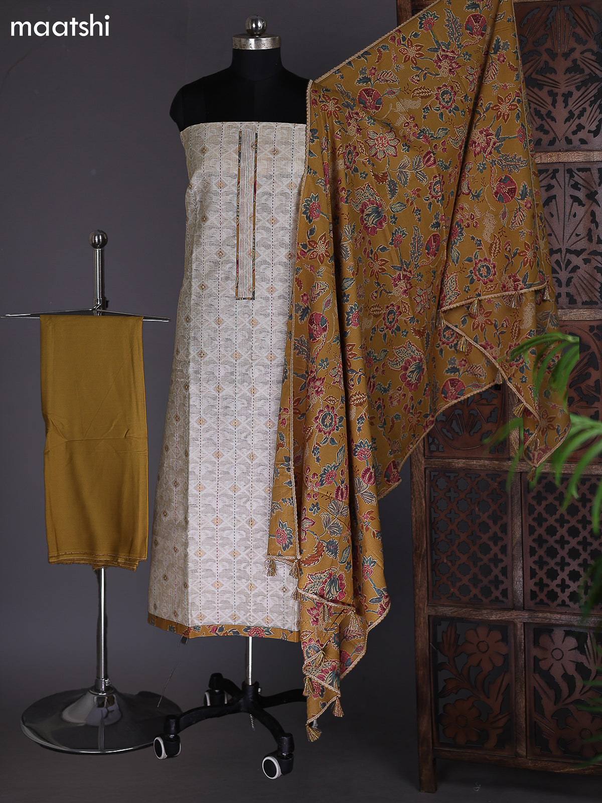 Beige and Dark Mustard Chanderi Dress Material With Thread Weaves & Kantha Stich Work Pattern
