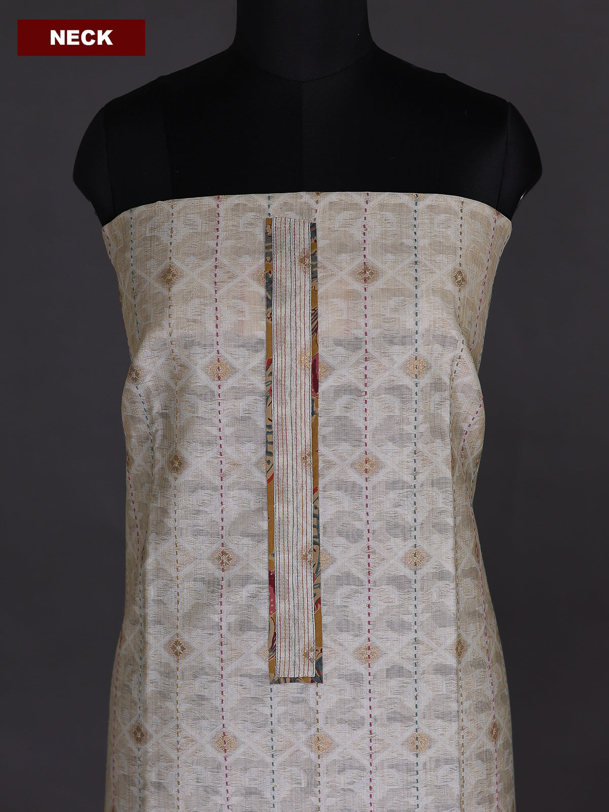 Beige and Dark Mustard Chanderi Dress Material With Thread Weaves & Kantha Stich Work Pattern