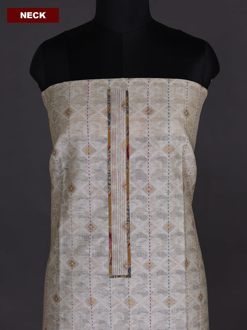 Beige and Dark Mustard Chanderi Dress Material With Thread Weaves & Kantha Stich Work Pattern