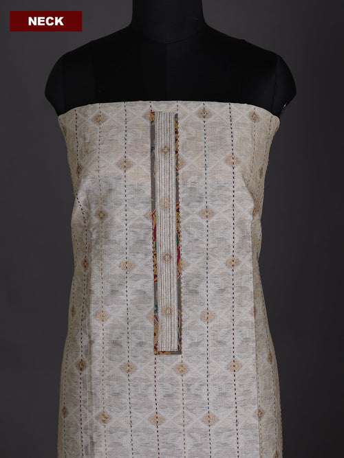 Beige and Grey Chanderi Dress Material With Thread Weaves & Kantha Stich Work Pattern