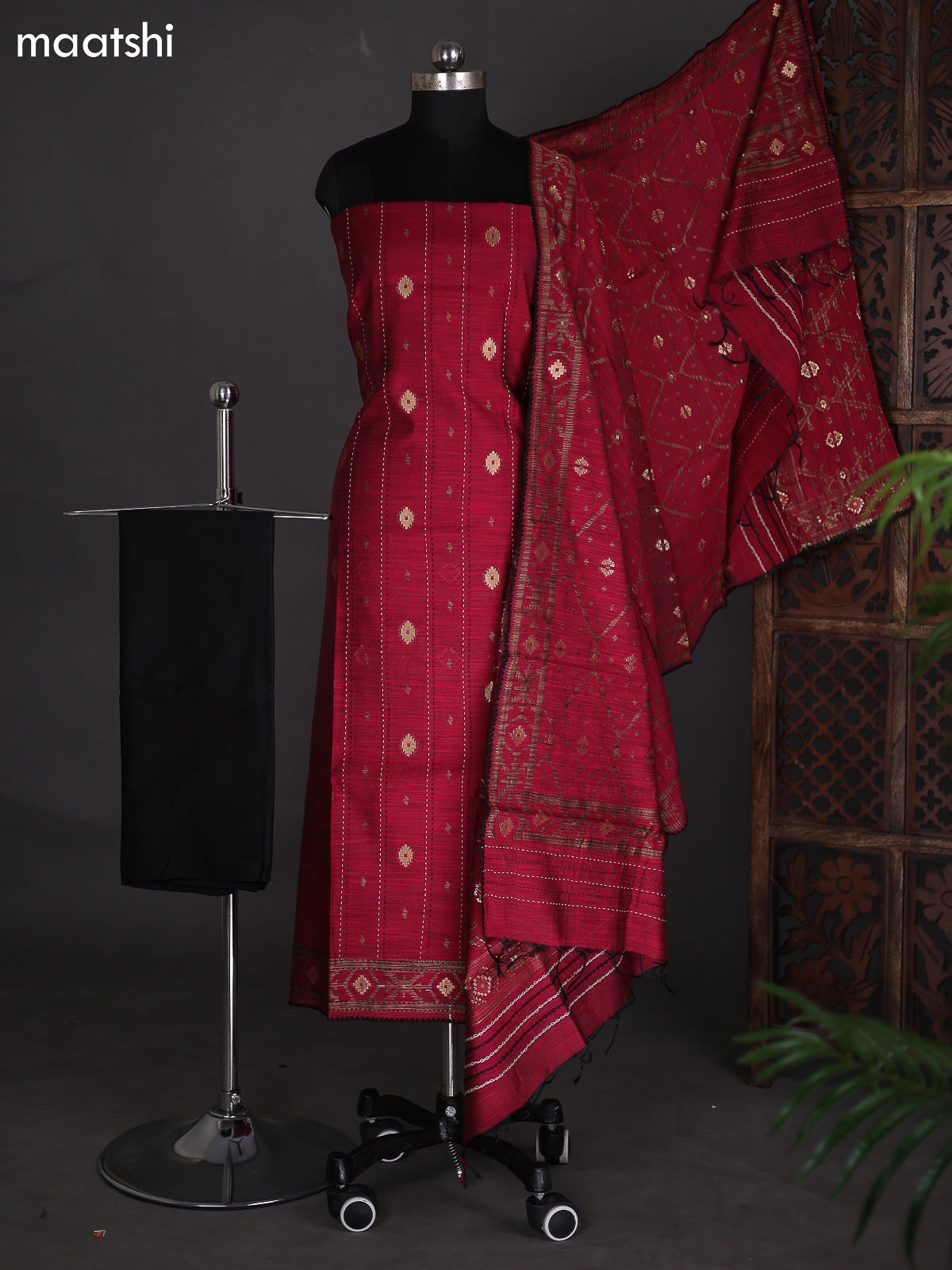 Maroon and Black Chanderi Dress Material With Buttas & Kantha Stich Work Pattern