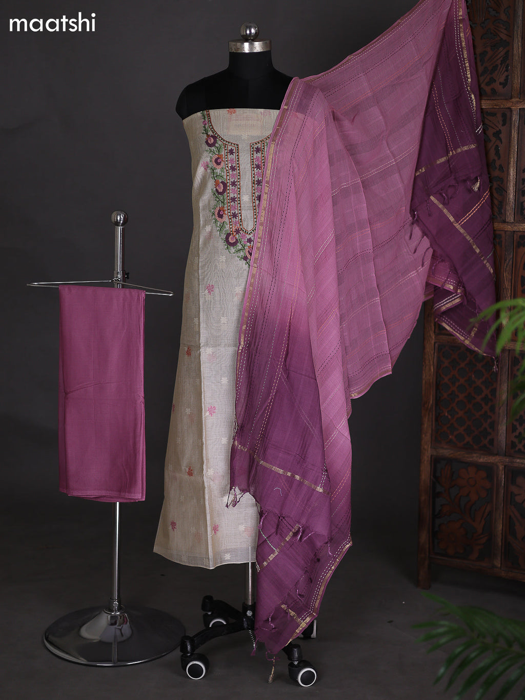 Beige and Mauve Pink Chanderi Dress Material With Embroidery Work Neck Pattern