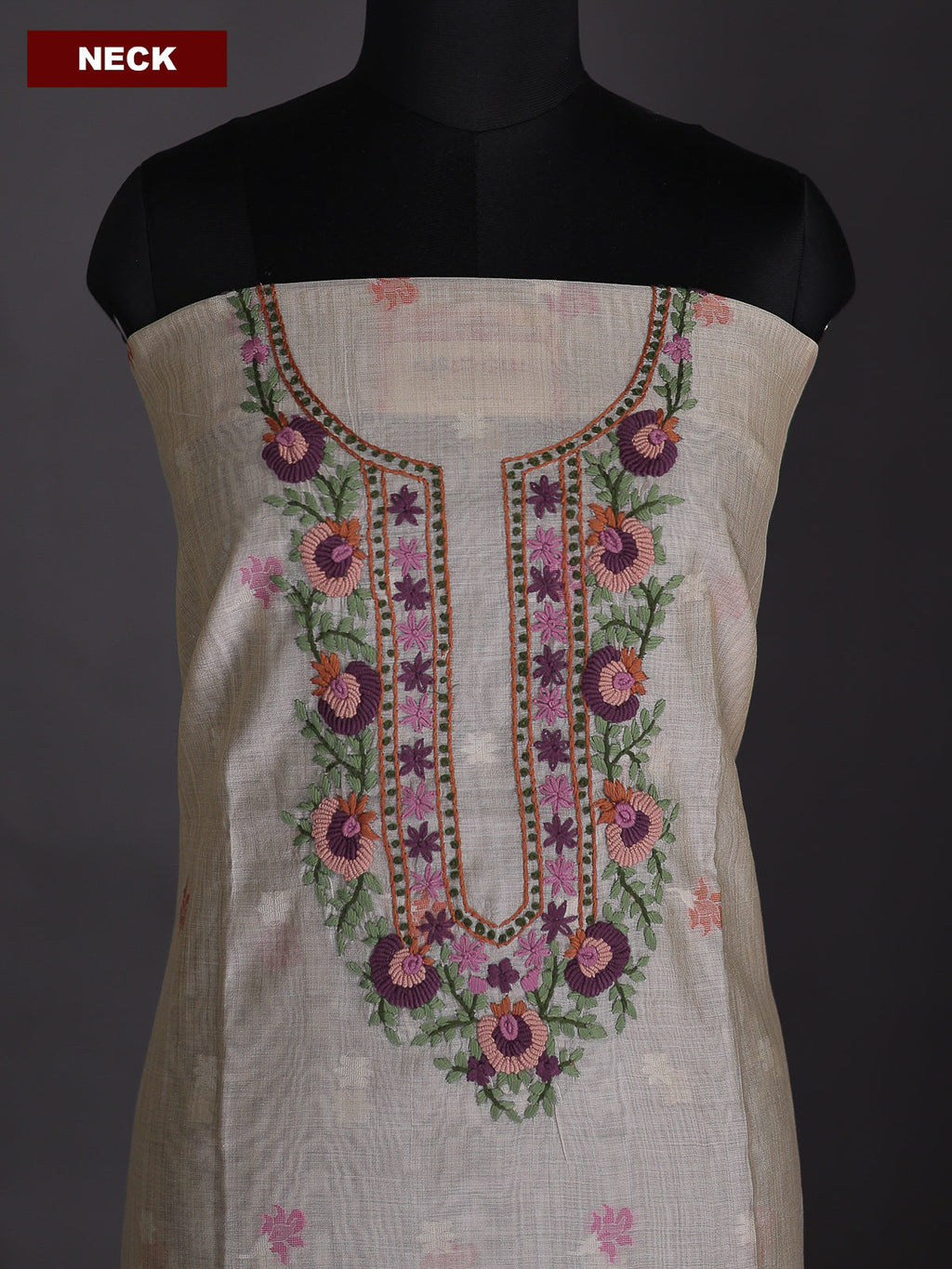 Beige and Mauve Pink Chanderi Dress Material With Embroidery Work Neck Pattern