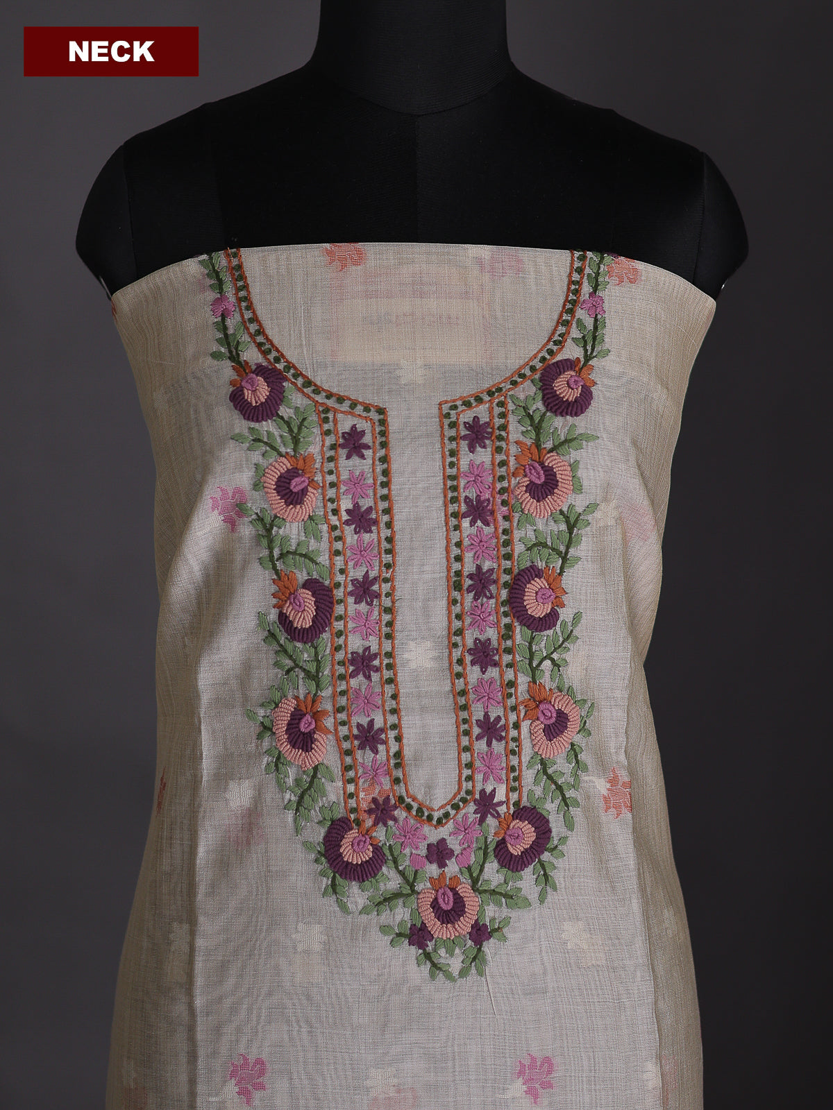 Beige and Mauve Pink Chanderi Dress Material With Embroidery Work Neck Pattern