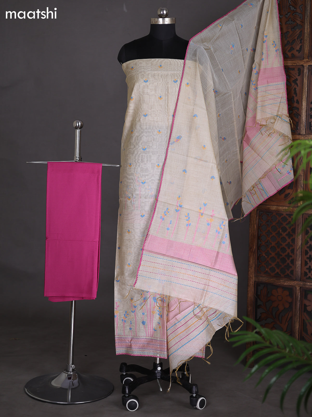 Beige and Pink Chanderi Dress Material With Thread Weaves & Kantha Stich Work Pattern