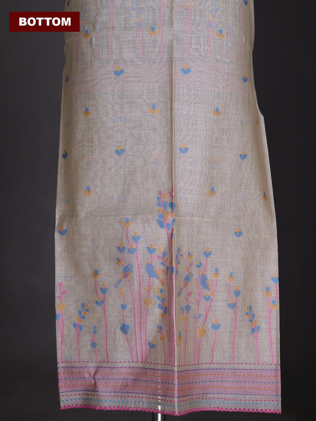 Beige and Pink Chanderi Dress Material With Thread Weaves & Kantha Stich Work Pattern