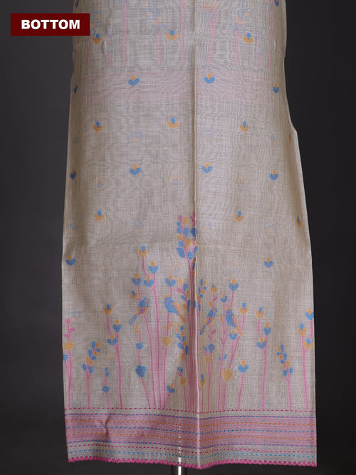 Beige and Pink Chanderi Dress Material With Thread Weaves & Kantha Stich Work Pattern