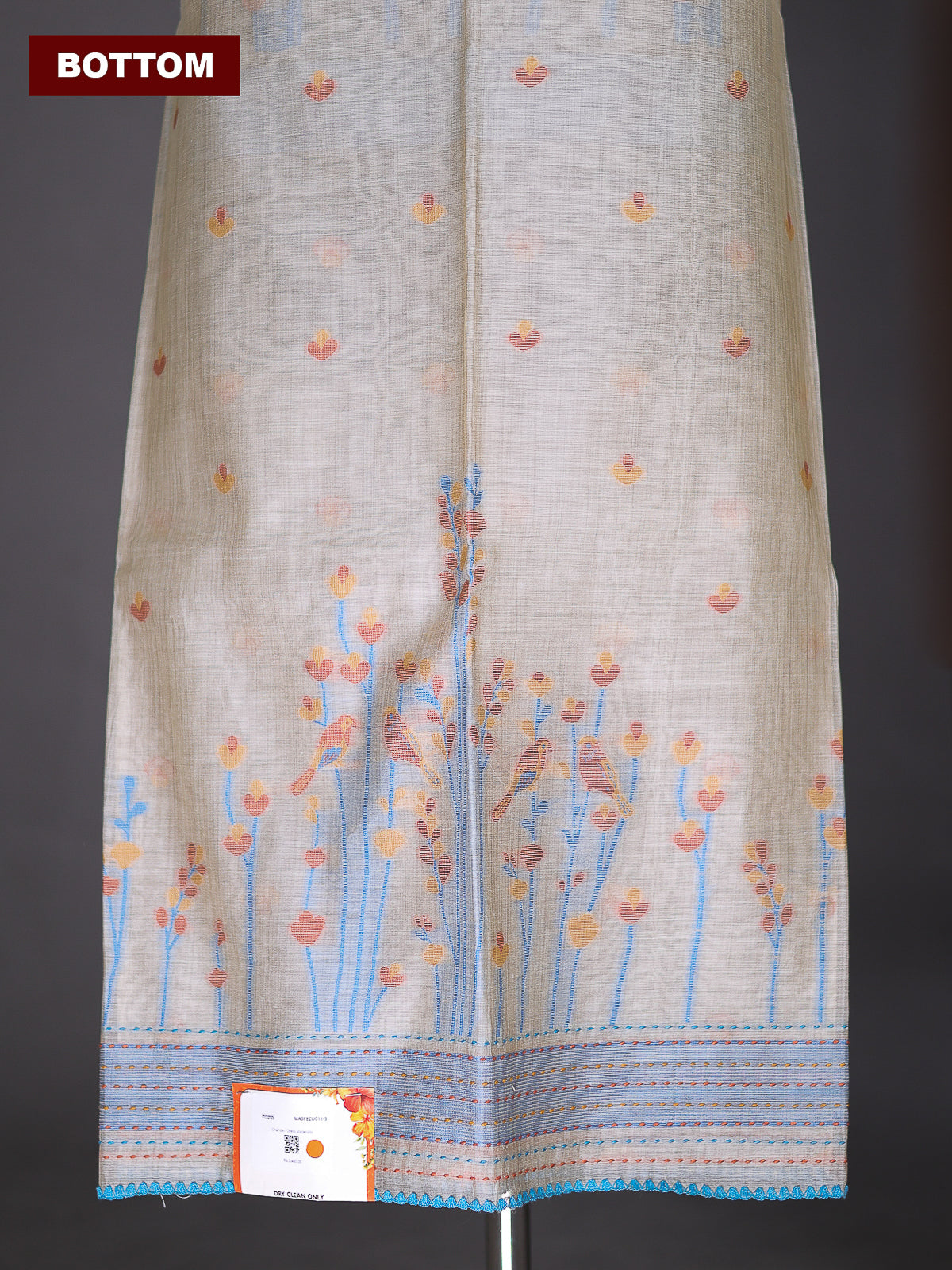 Beige and Cs Blue Chanderi Dress Material With Thread Weaves & Kantha Stich Work Pattern
