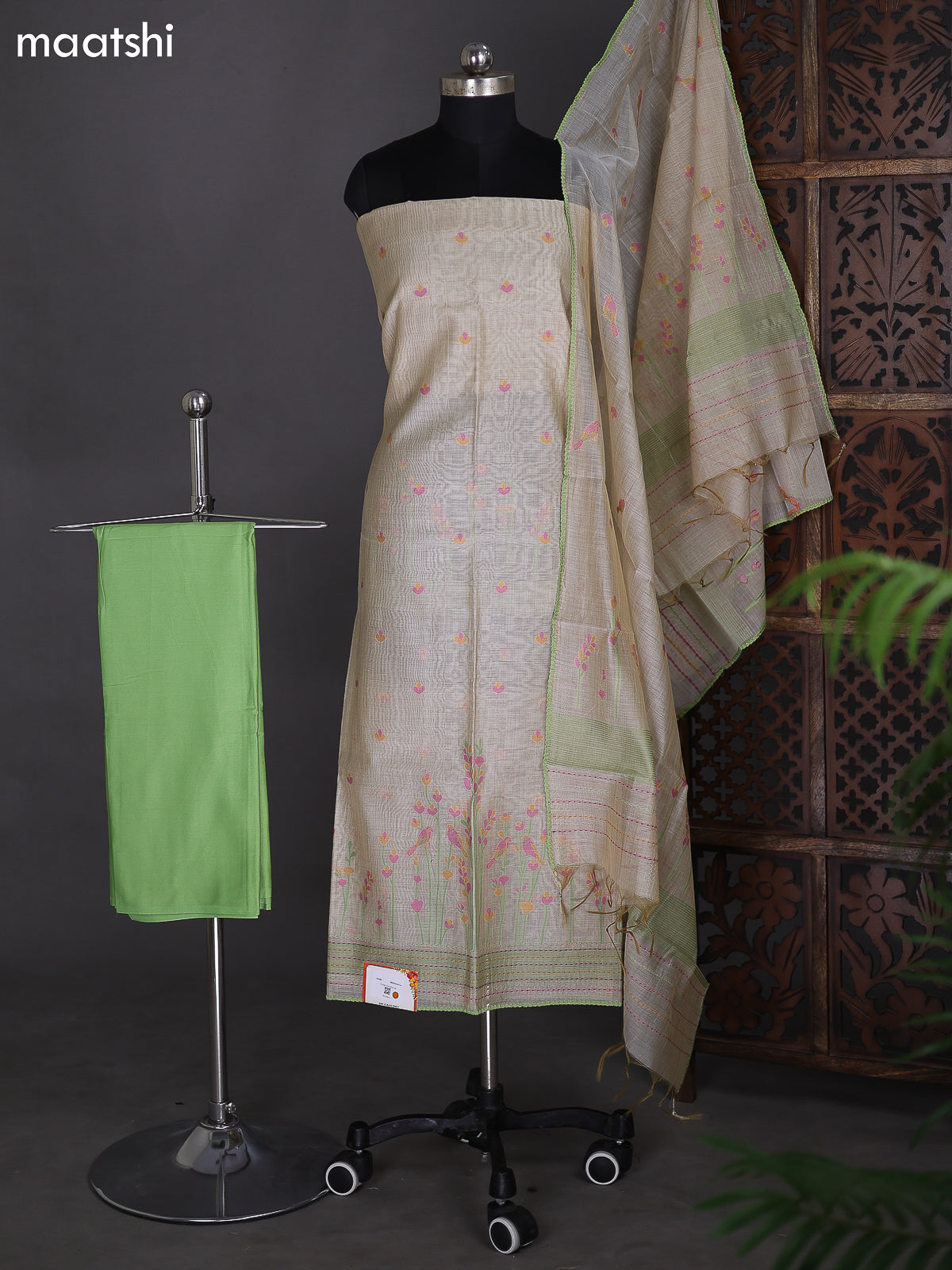 Beige and Light Green Chanderi Dress Material With Thread Weaves & Kantha Stich Work Pattern