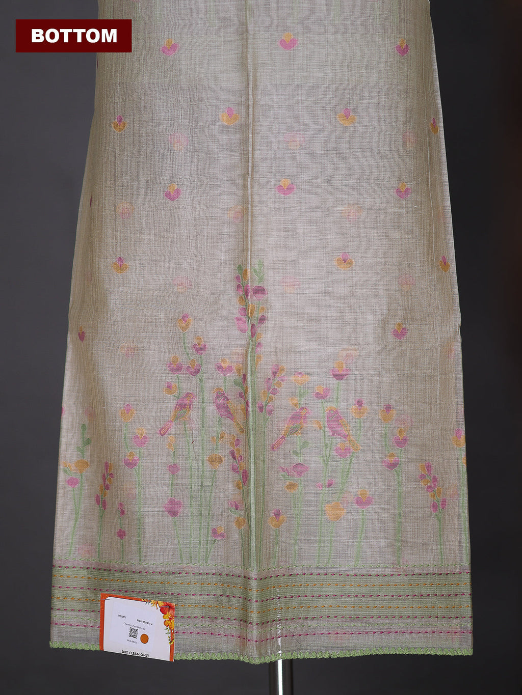 Beige and Light Green Chanderi Dress Material With Thread Weaves & Kantha Stich Work Pattern