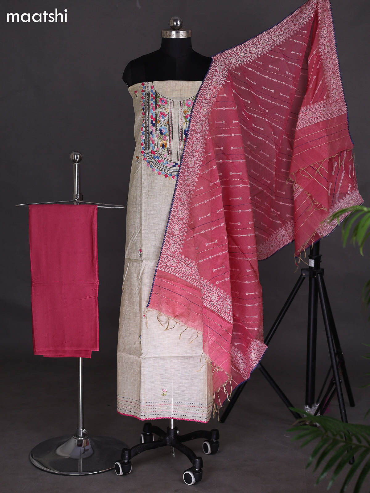 Cream and Peach Pink Chanderi Dress Material With Embroidery Work Neck Pattern
