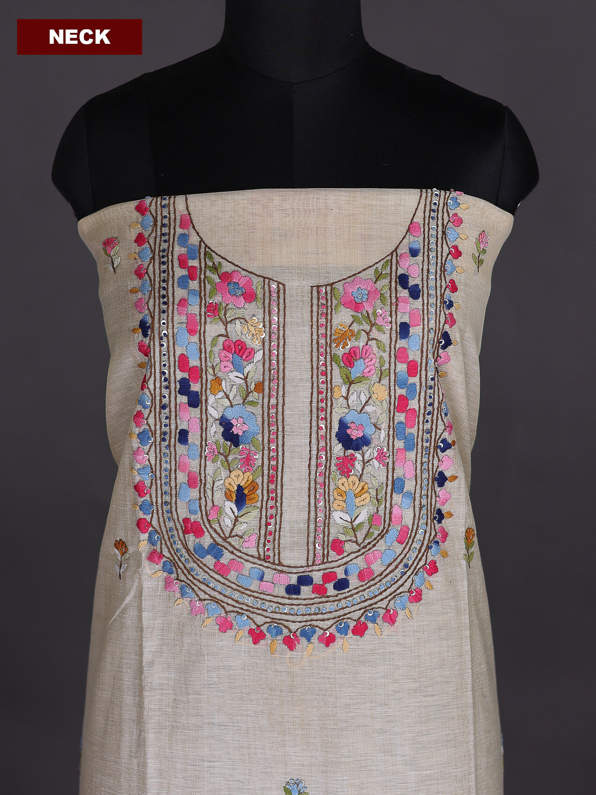 Cream and Peach Pink Chanderi Dress Material With Embroidery Work Neck Pattern