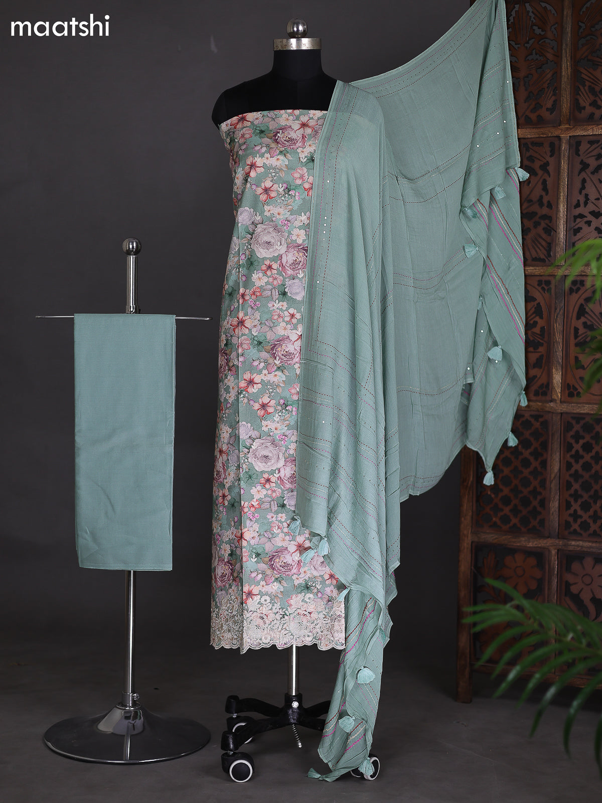 Pastel Green Cotton Dress Material With Allover Floral Prints & Embroidery Work Border
