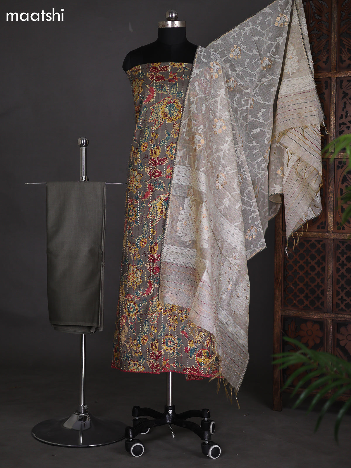 Grey and Beige Cotton Dress Material With Allover Floral Prints & Embroidery Work Border