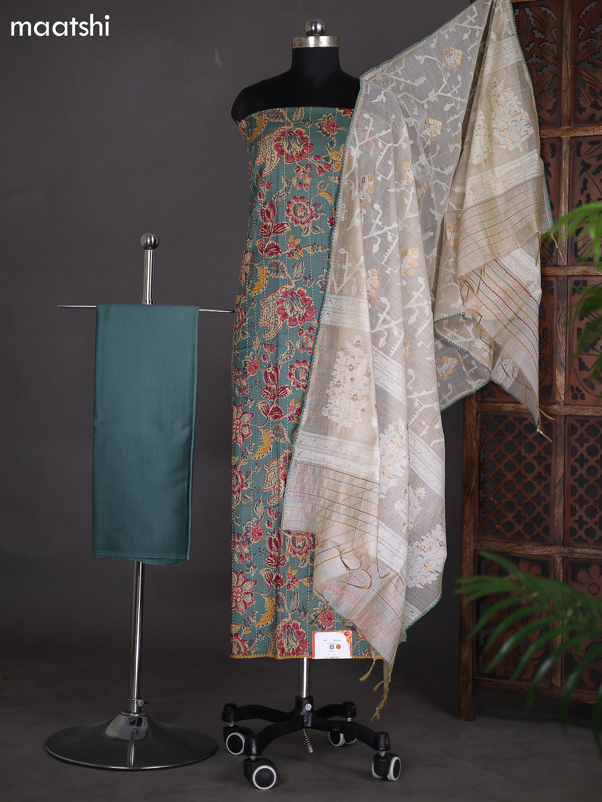 Pastel Green and Beige Cotton Dress Material With Allover Floral Prints & Embroidery Work Border