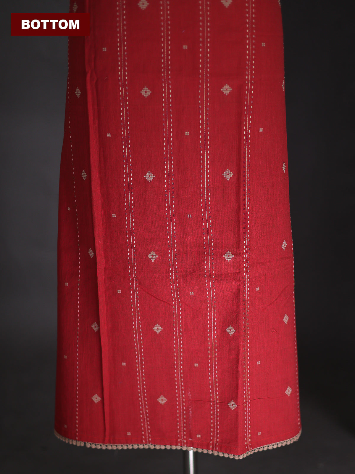 Red Cotton Dress Material With Thread Buttas & Kantha Stich Work Pattern