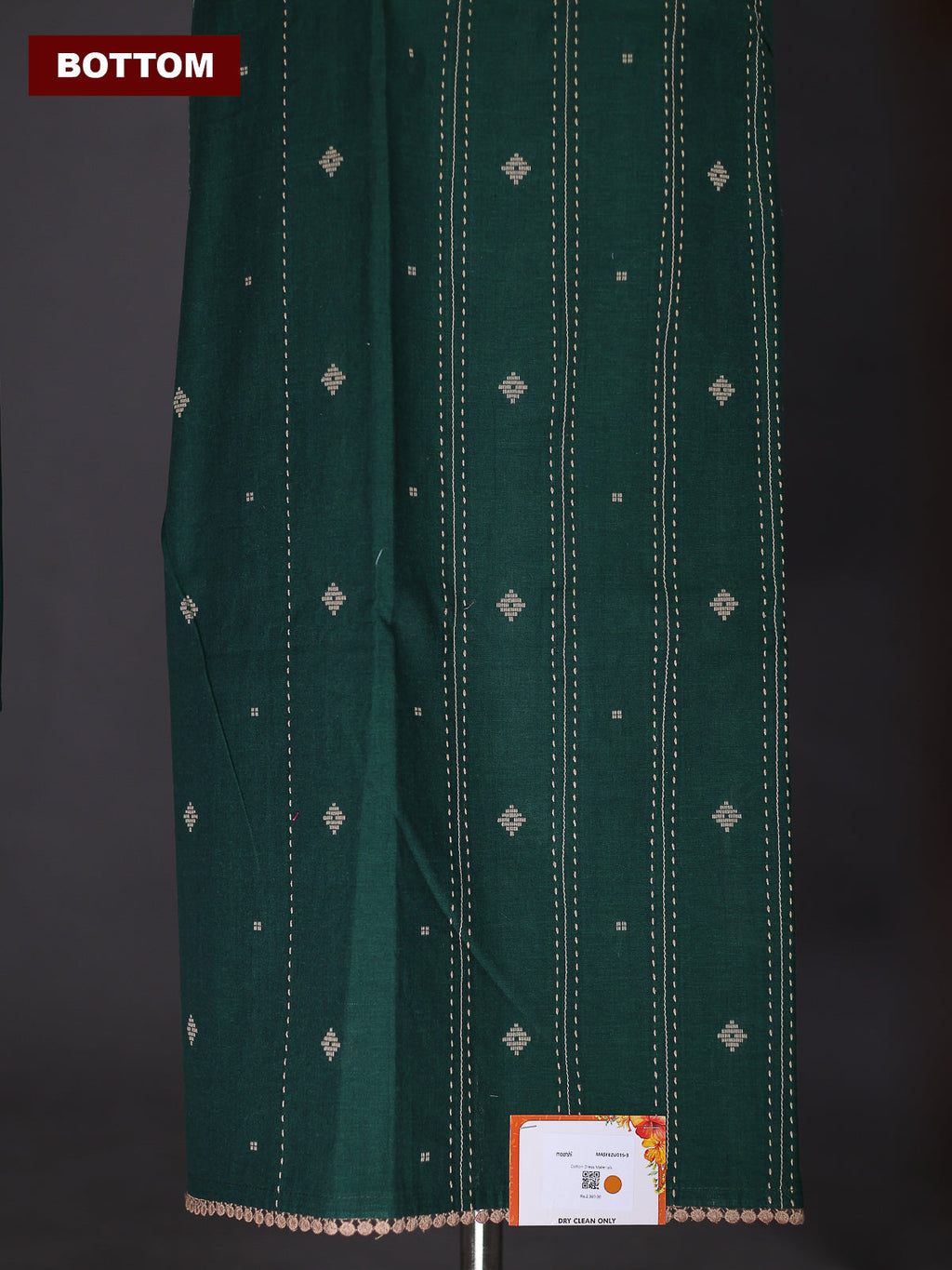 Green Cotton Dress Material With Thread Buttas & Kantha Stich Work Pattern