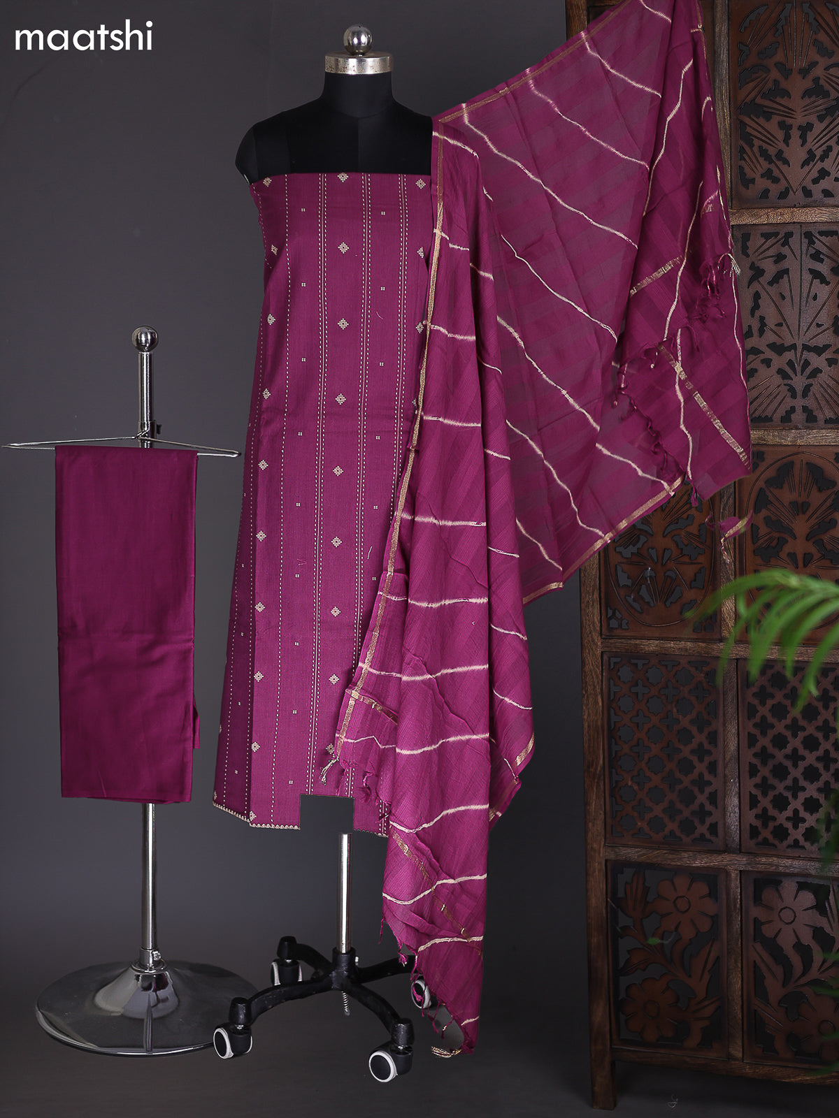 Wine Cotton Dress Material With Thread Buttas & Kantha Stich Work Pattern