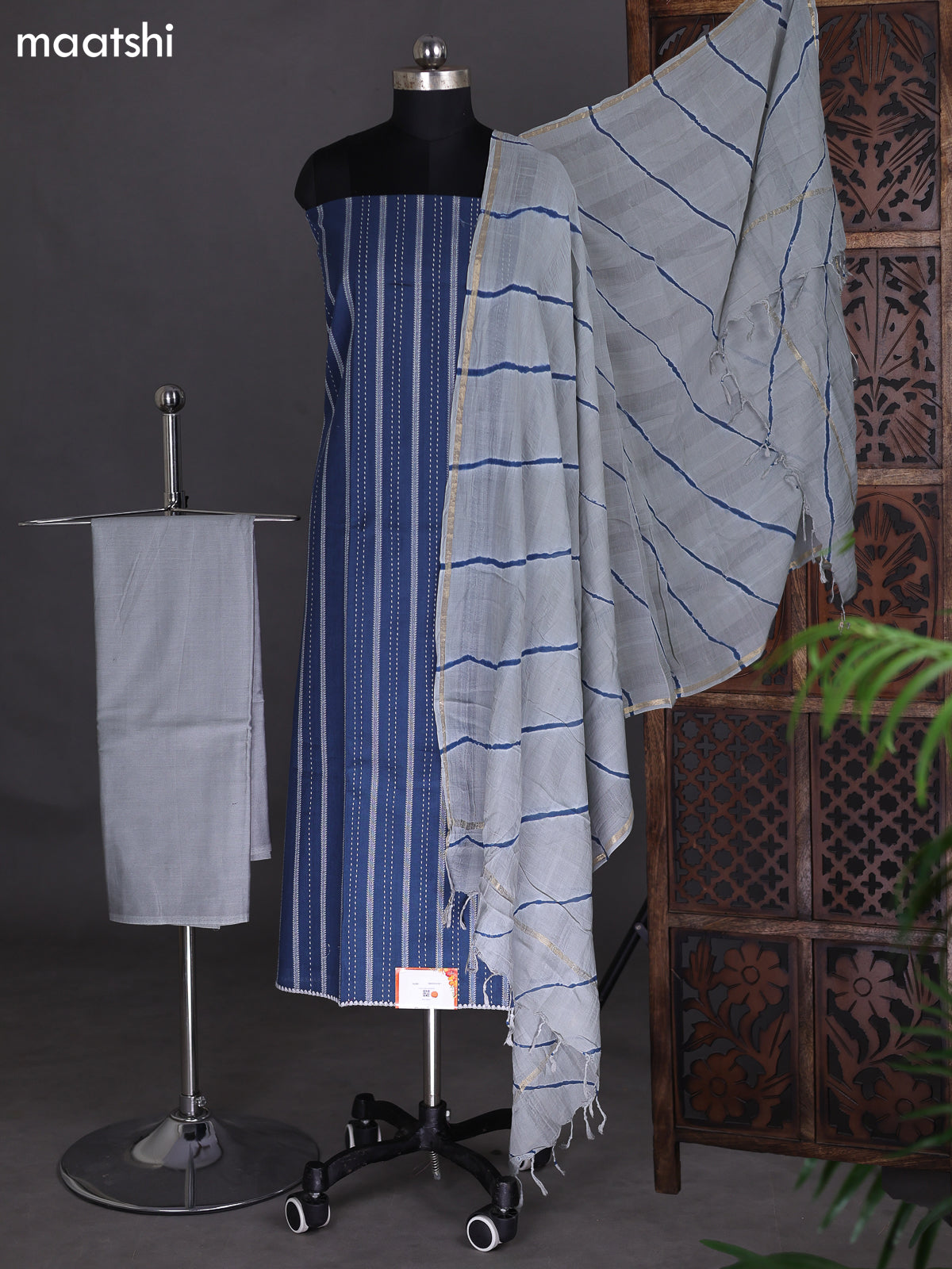 Peacock Blue and Grey Cotton Dress Material With Thread Weaves & Kantha Stich Work Pattern