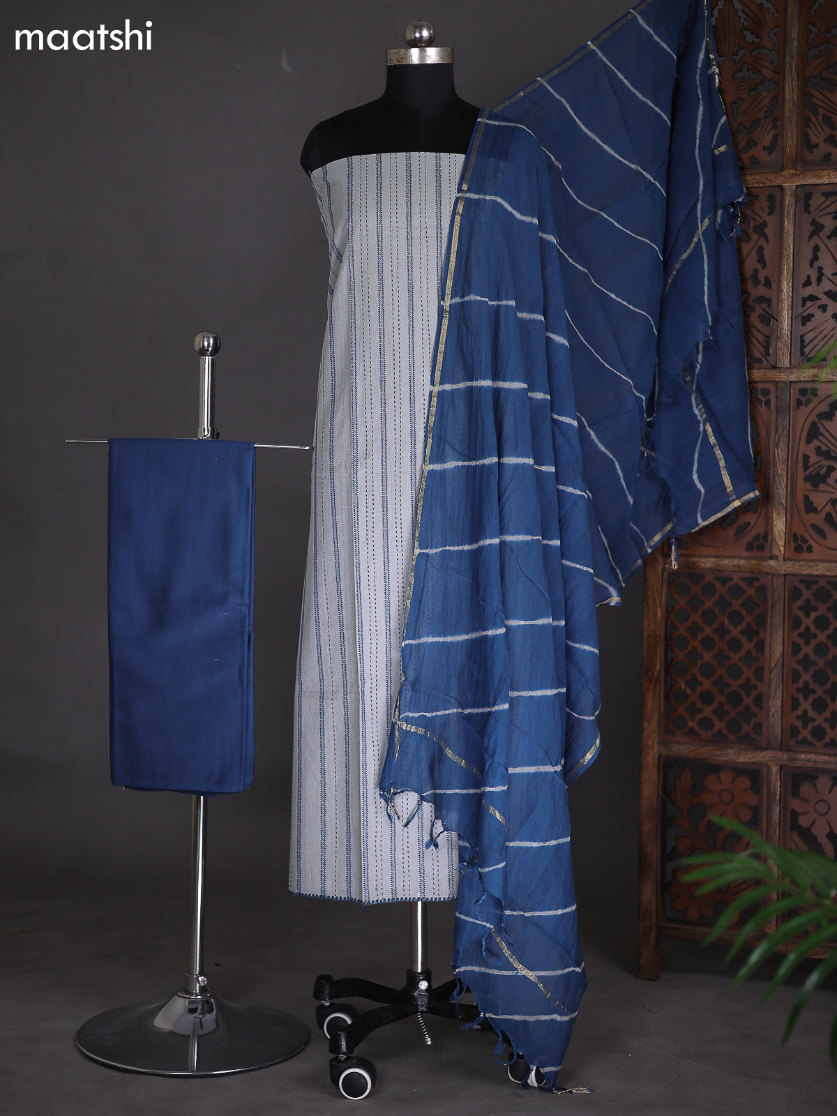 Grey and Dark Peacock Blue Cotton Dress Material With Thread Weaves & Kantha Stich Work Pattern
