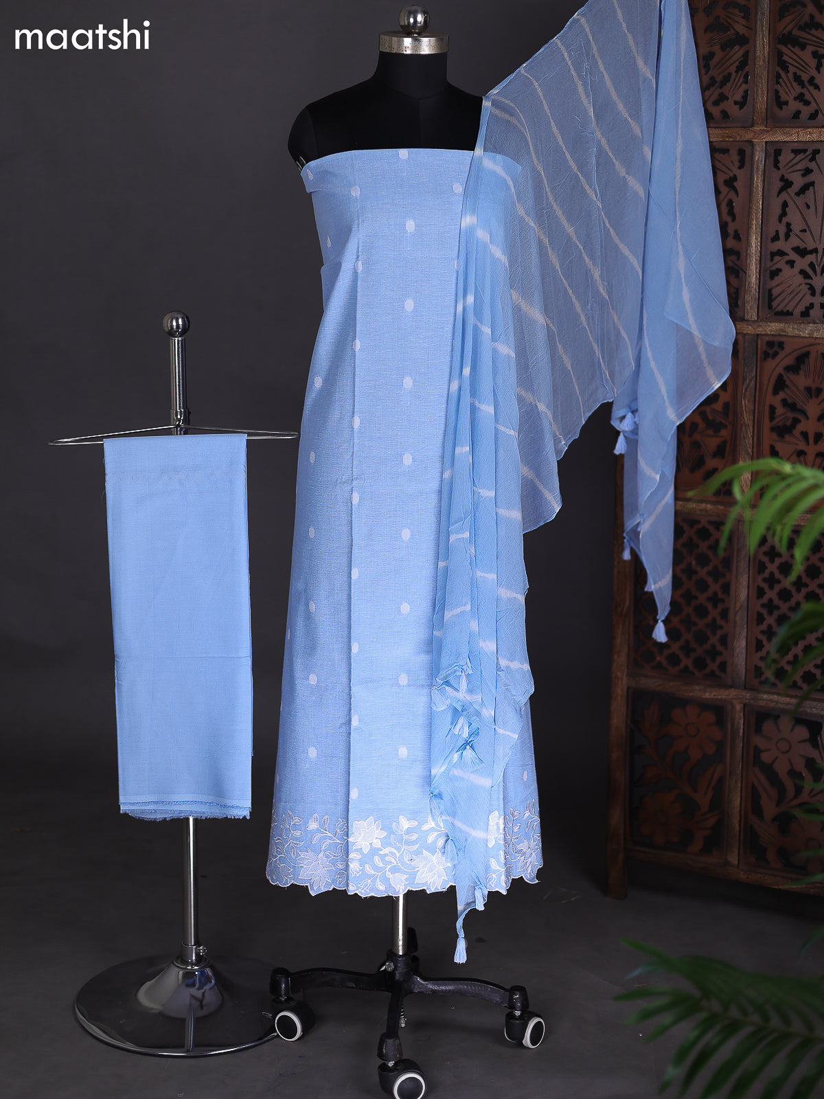 Light Blue Cotton Dress Material With Thread Buttas & Embroidery Work Neck Pattern