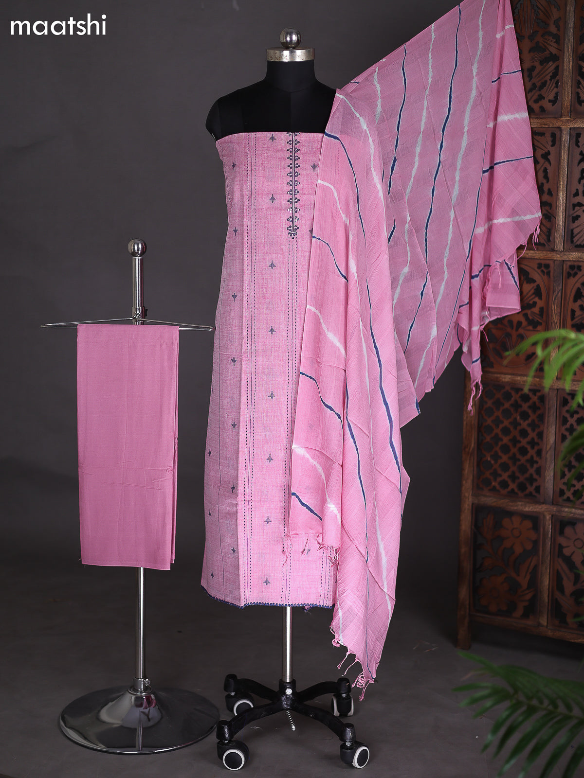 Light Pink and Blue Cotton Dress Material With Thread Buttas & Kantha Stich Work Pattern
