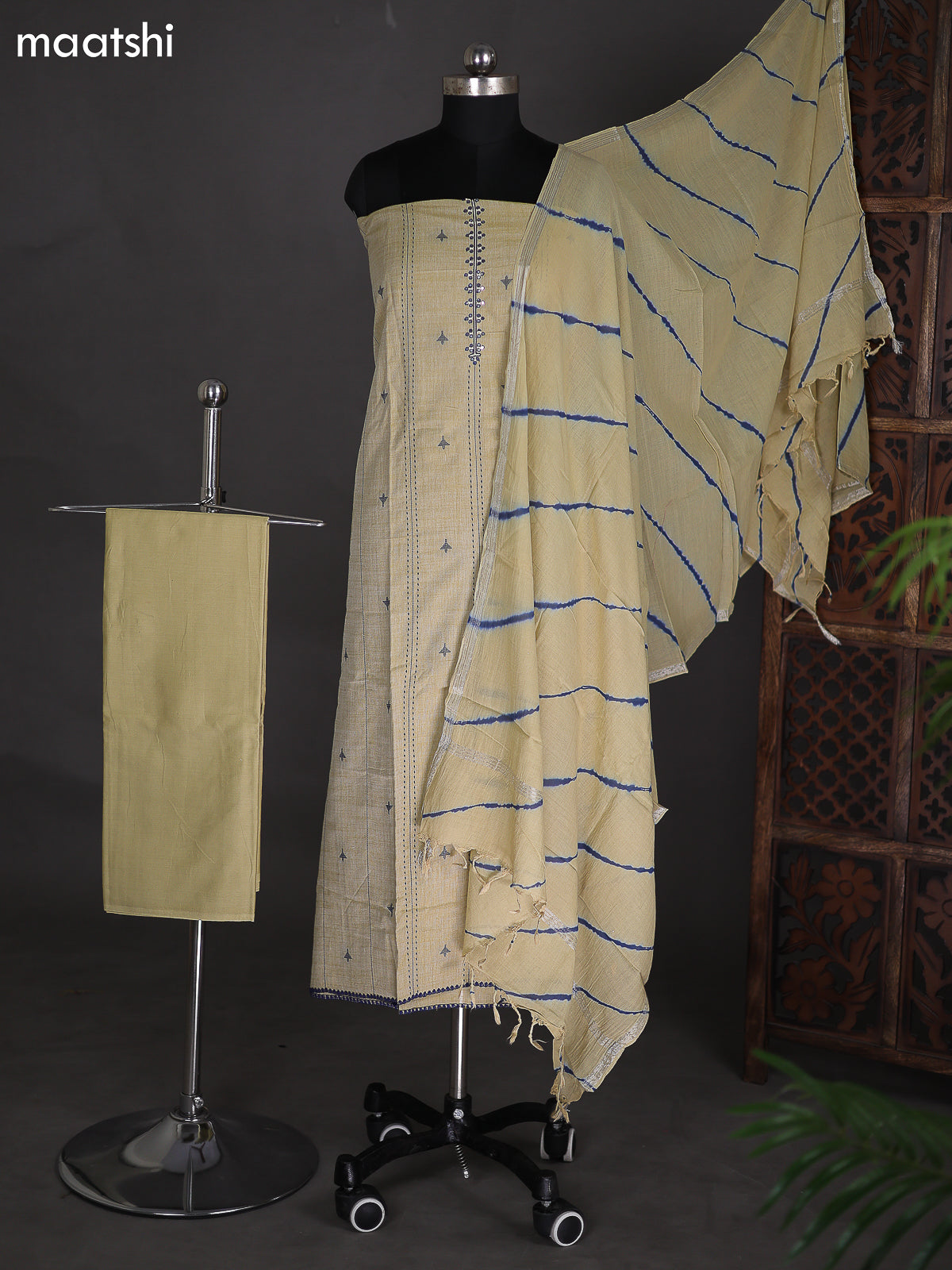 Beige and Blue Cotton Dress Material With Thread Buttas & Kantha Stich Work Pattern