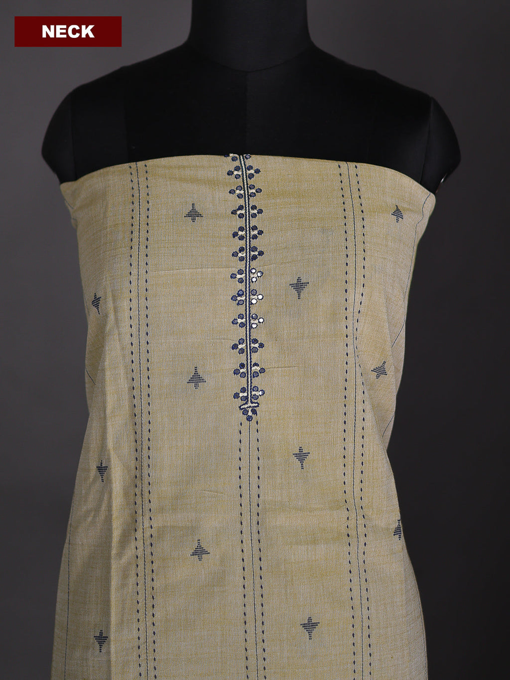 Beige and Blue Cotton Dress Material With Thread Buttas & Kantha Stich Work Pattern