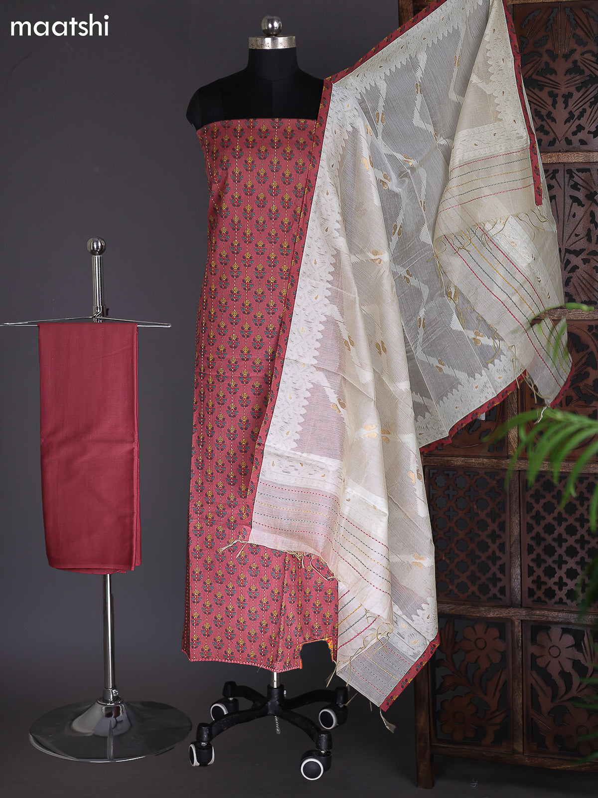 Dark Peach and Beige Cotton Dress Material With Printed Buttas & Kantha Stich Work Pattern