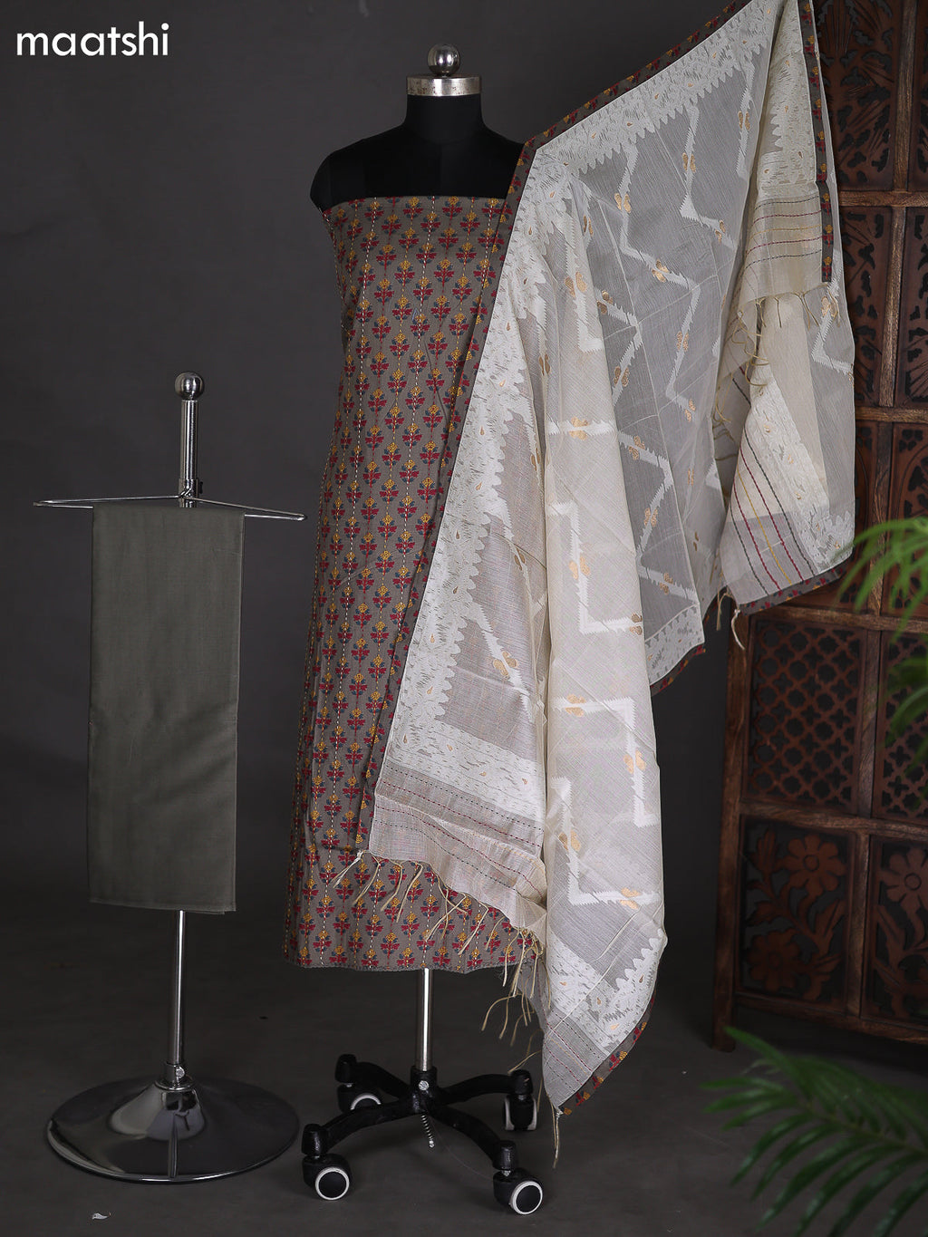 Grey and Beige Cotton Dress Material With Printed Buttas & Kantha Stich Work Pattern