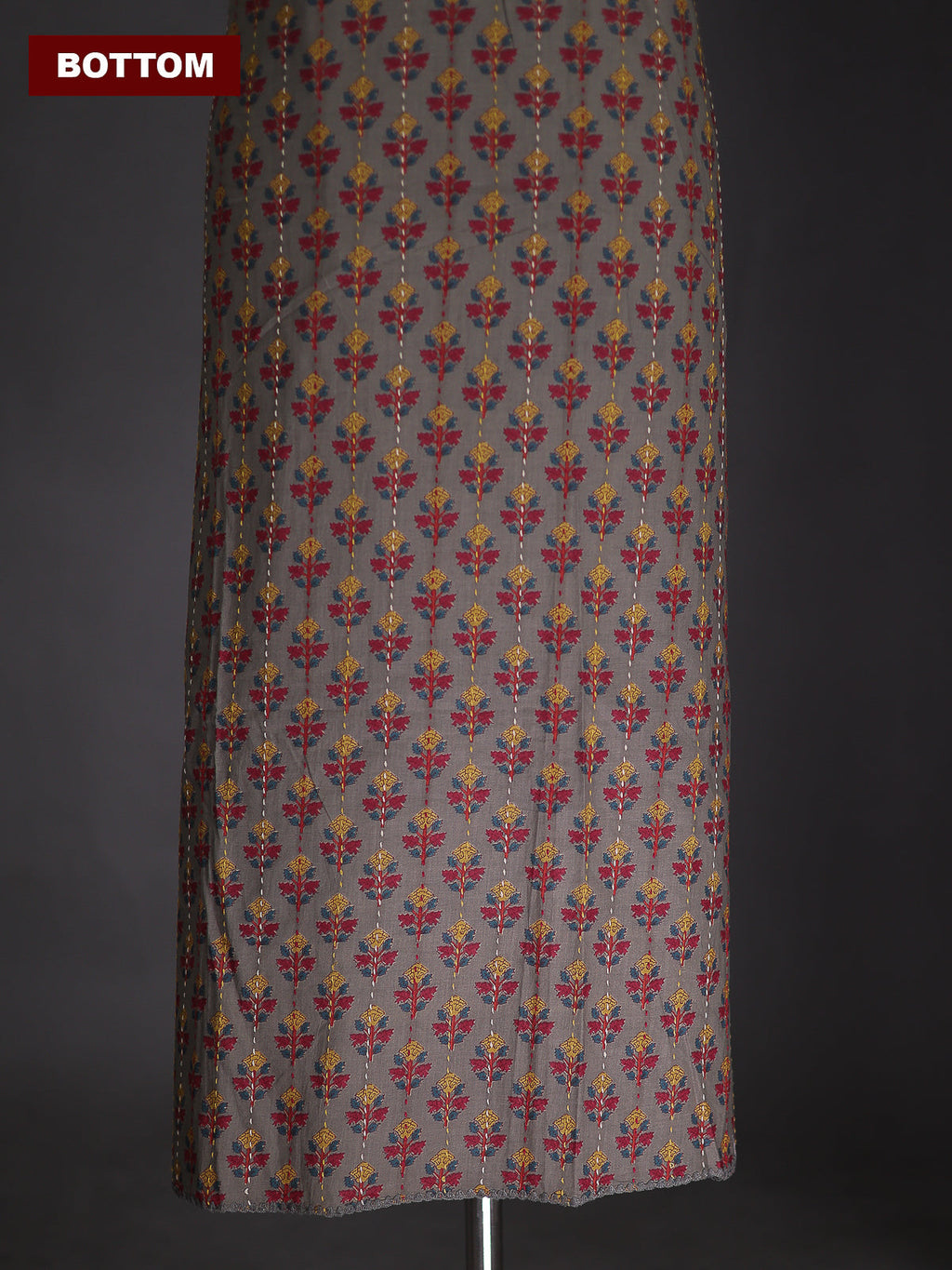 Grey and Beige Cotton Dress Material With Printed Buttas & Kantha Stich Work Pattern